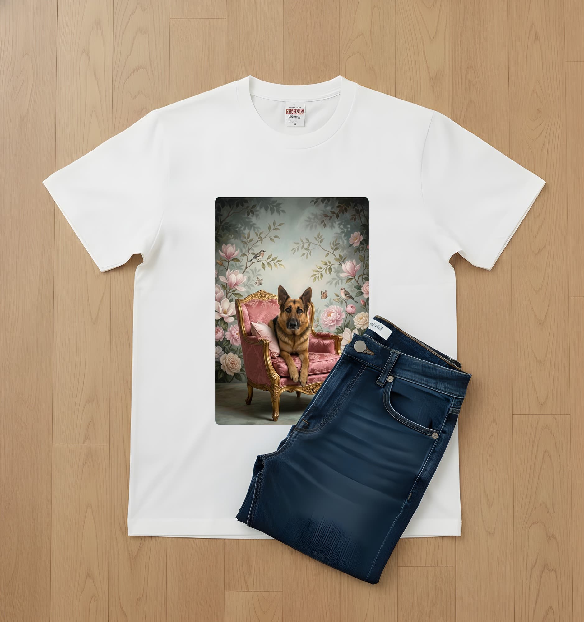 German shepherd Shabby Pink Oil-Painting Rococo T-Shirt (White) 2