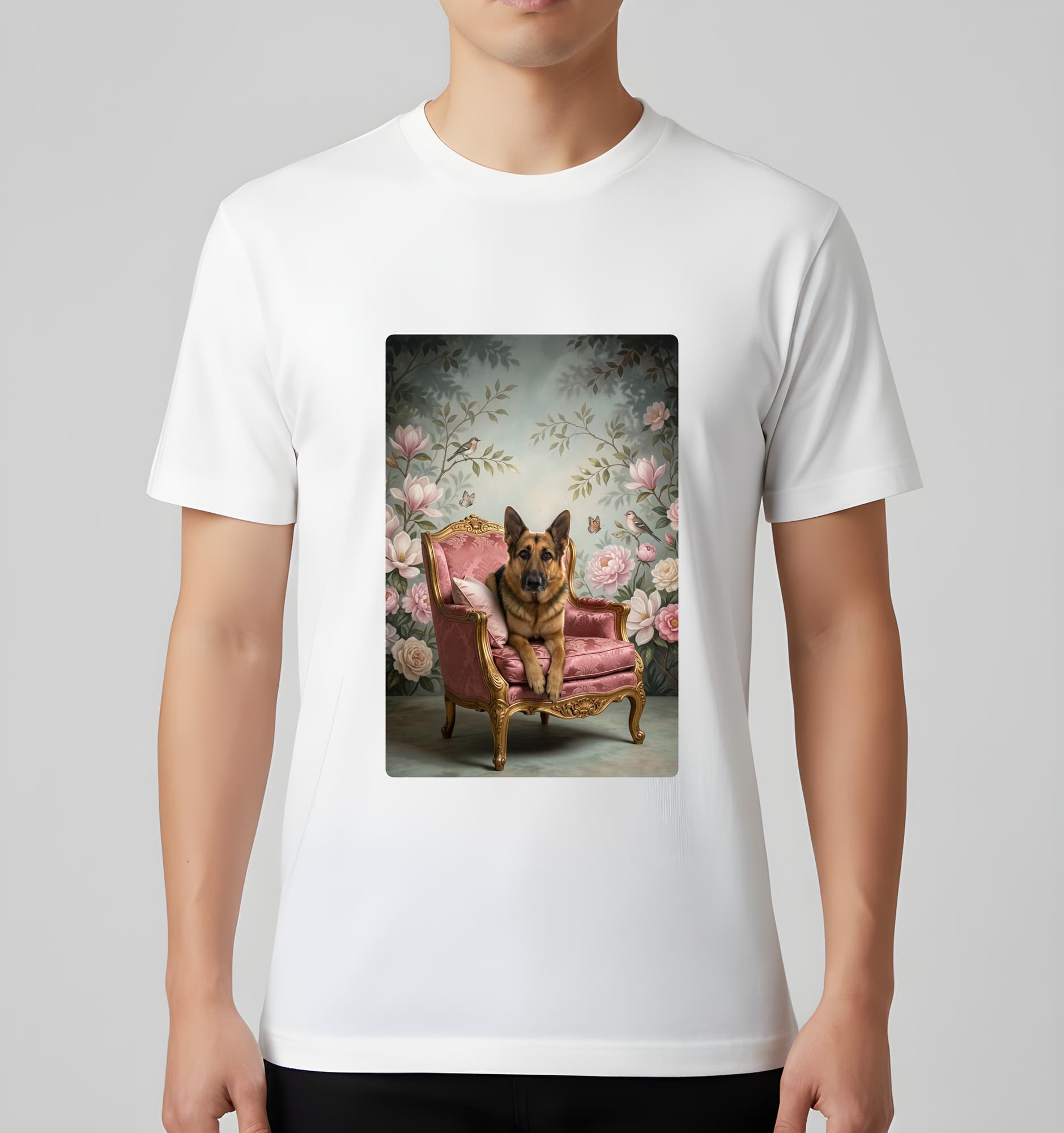 German shepherd Shabby Pink Oil-Painting Rococo T-Shirt (White) 3