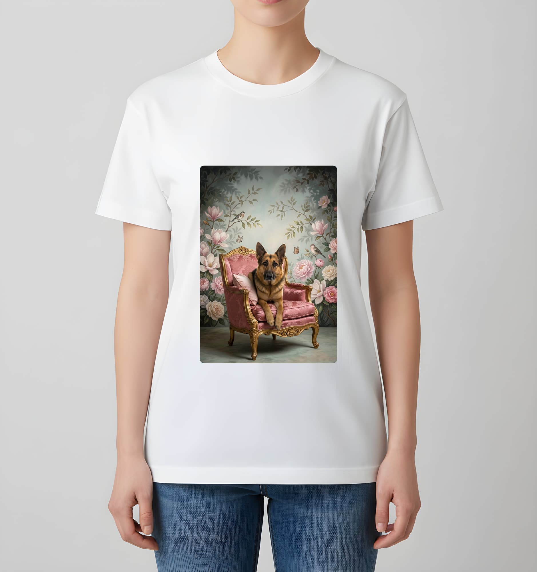 German shepherd Shabby Pink Oil-Painting Rococo T-Shirt (White) 4