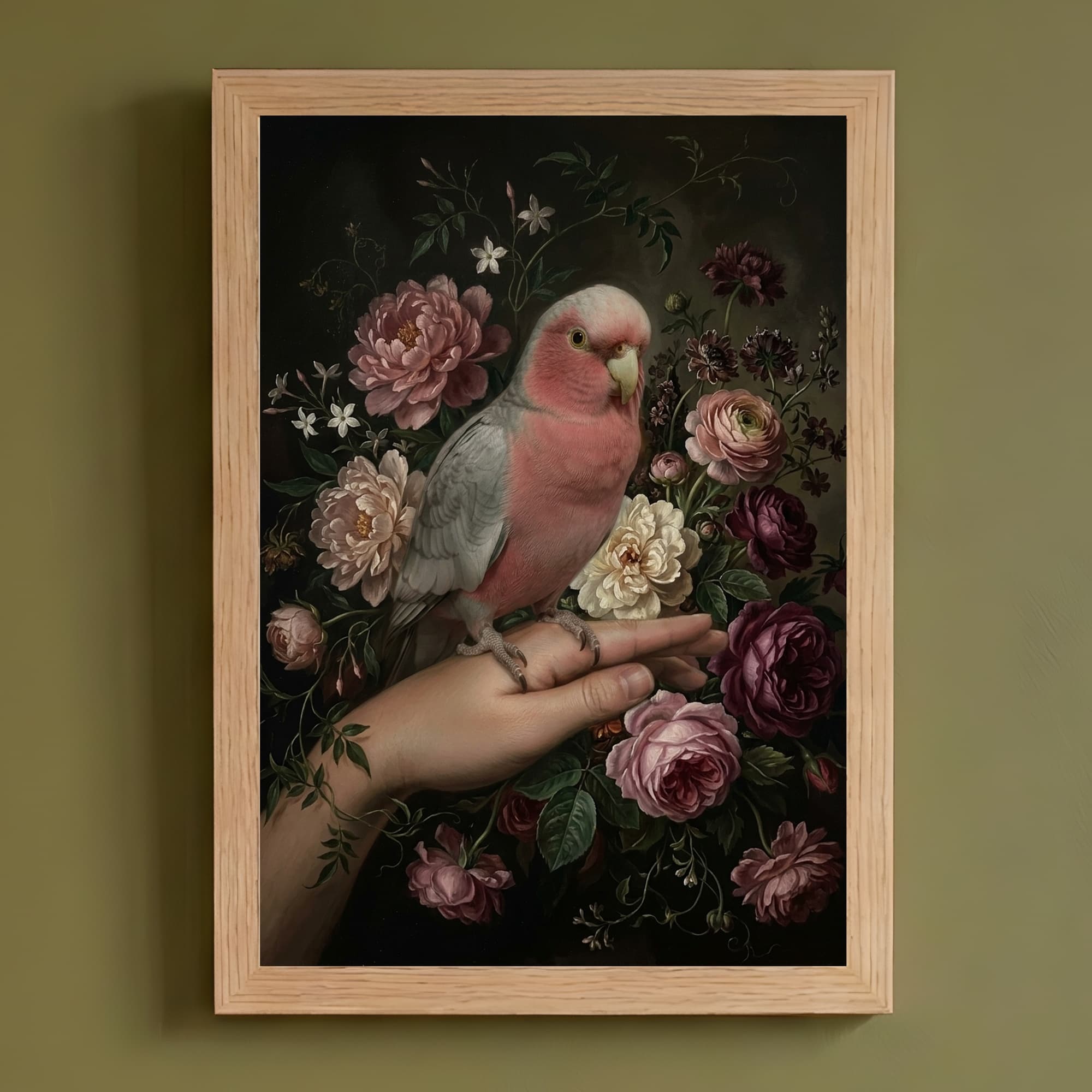 モモイロインコの花の油絵風アート花柄額装プリント(A4サイズ)