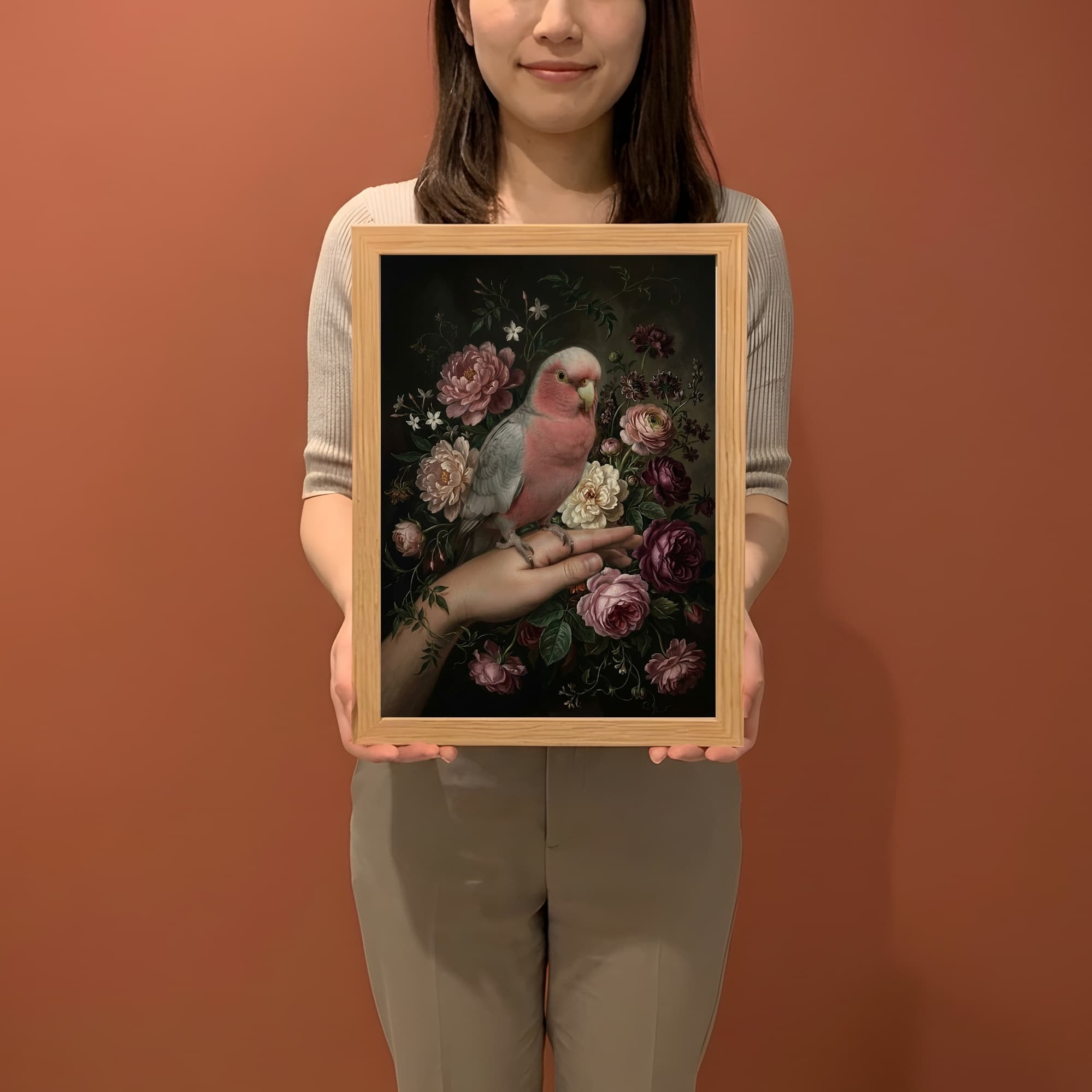 モモイロインコの花の油絵風アート花柄額装プリント(A4サイズ) 2