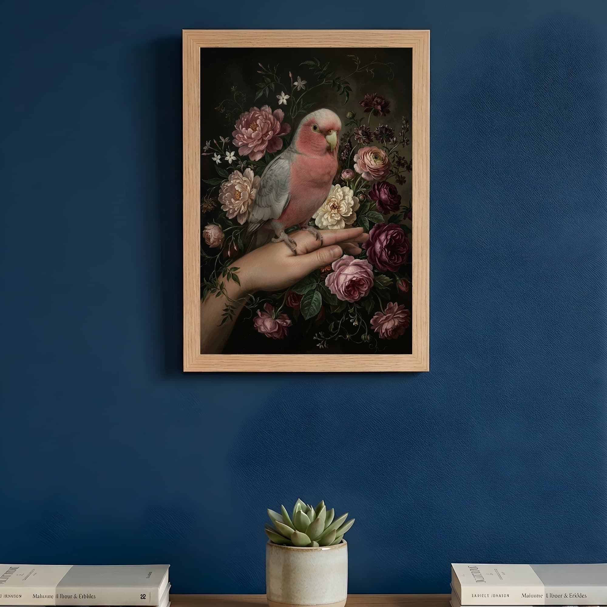 モモイロインコの花の油絵風アート花柄額装プリント(A4サイズ) 3