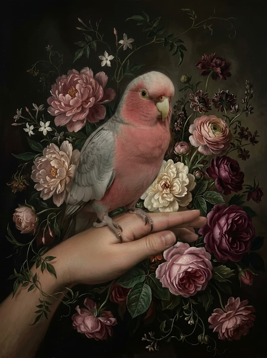 モモイロインコの花の油絵風アート花柄額装プリント(A4サイズ) 4
