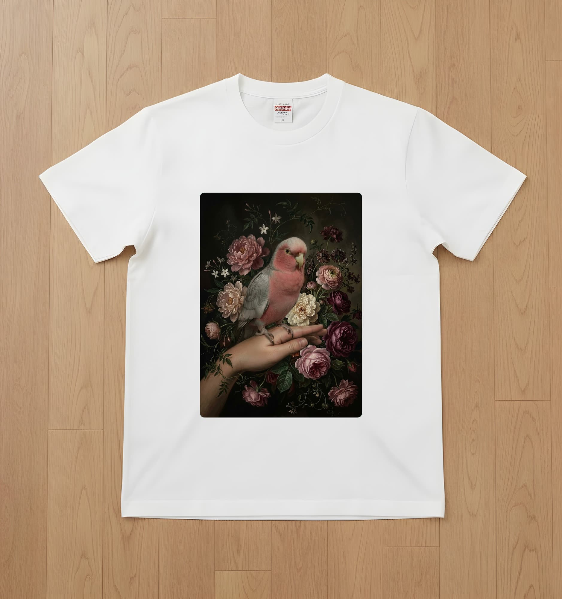 モモイロインコの花の油絵風アート花柄Tシャツ(ホワイト)