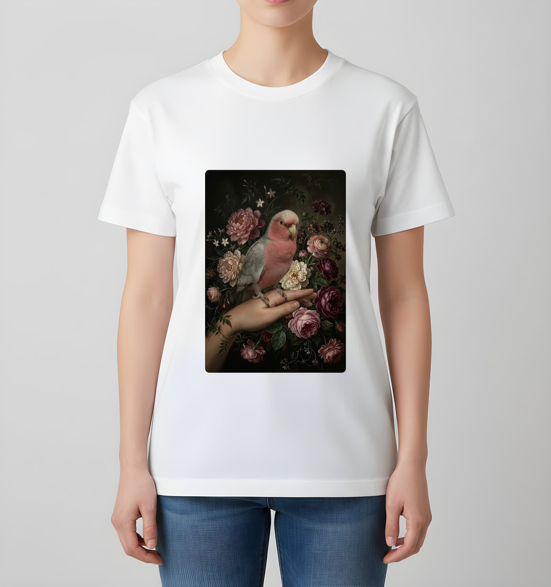 モモイロインコの花の油絵風アート花柄Tシャツ(ホワイト) 4