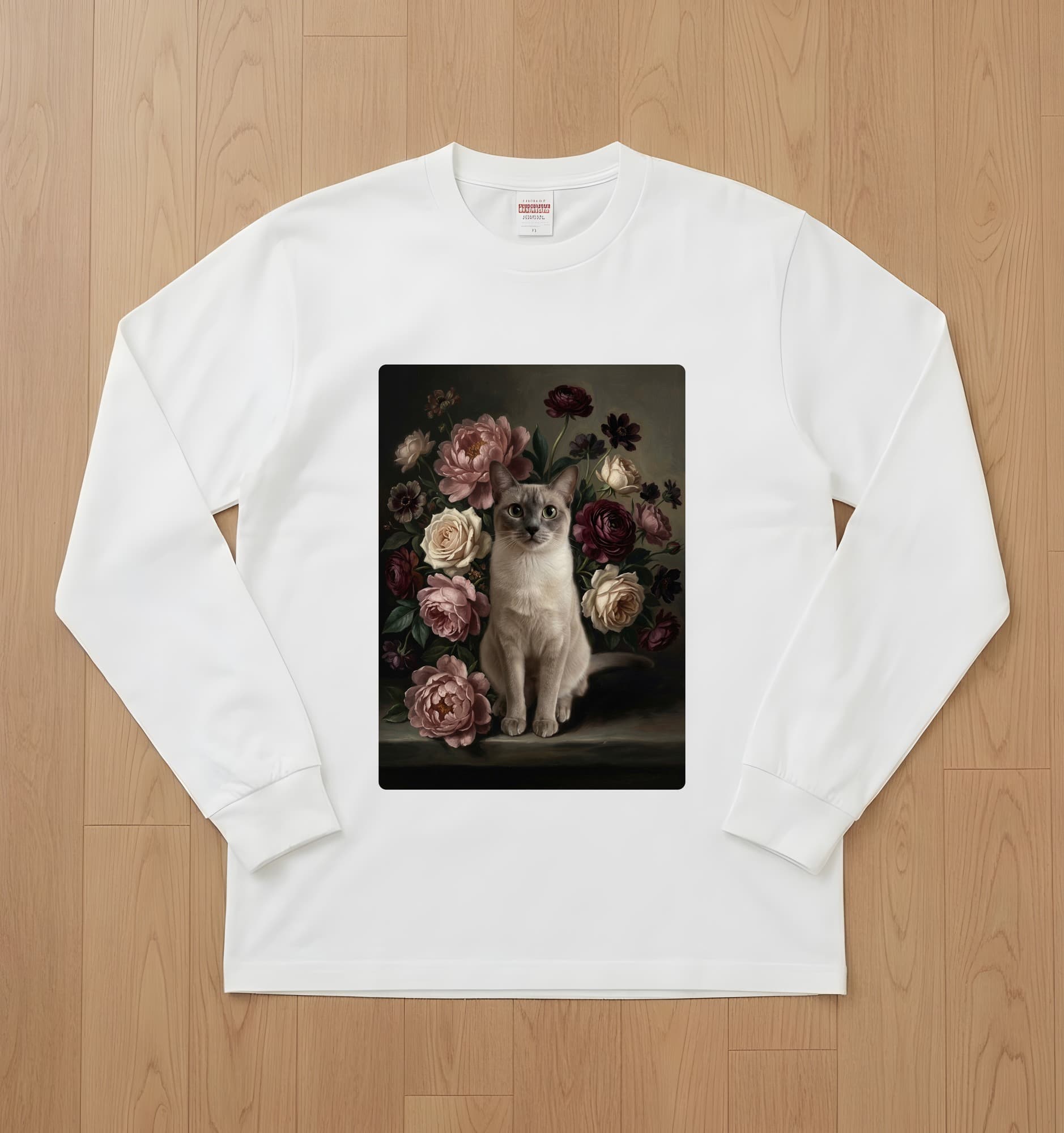 Burmese Floral Oil-Painting Floral Long Sleeve T-Shirt (White)