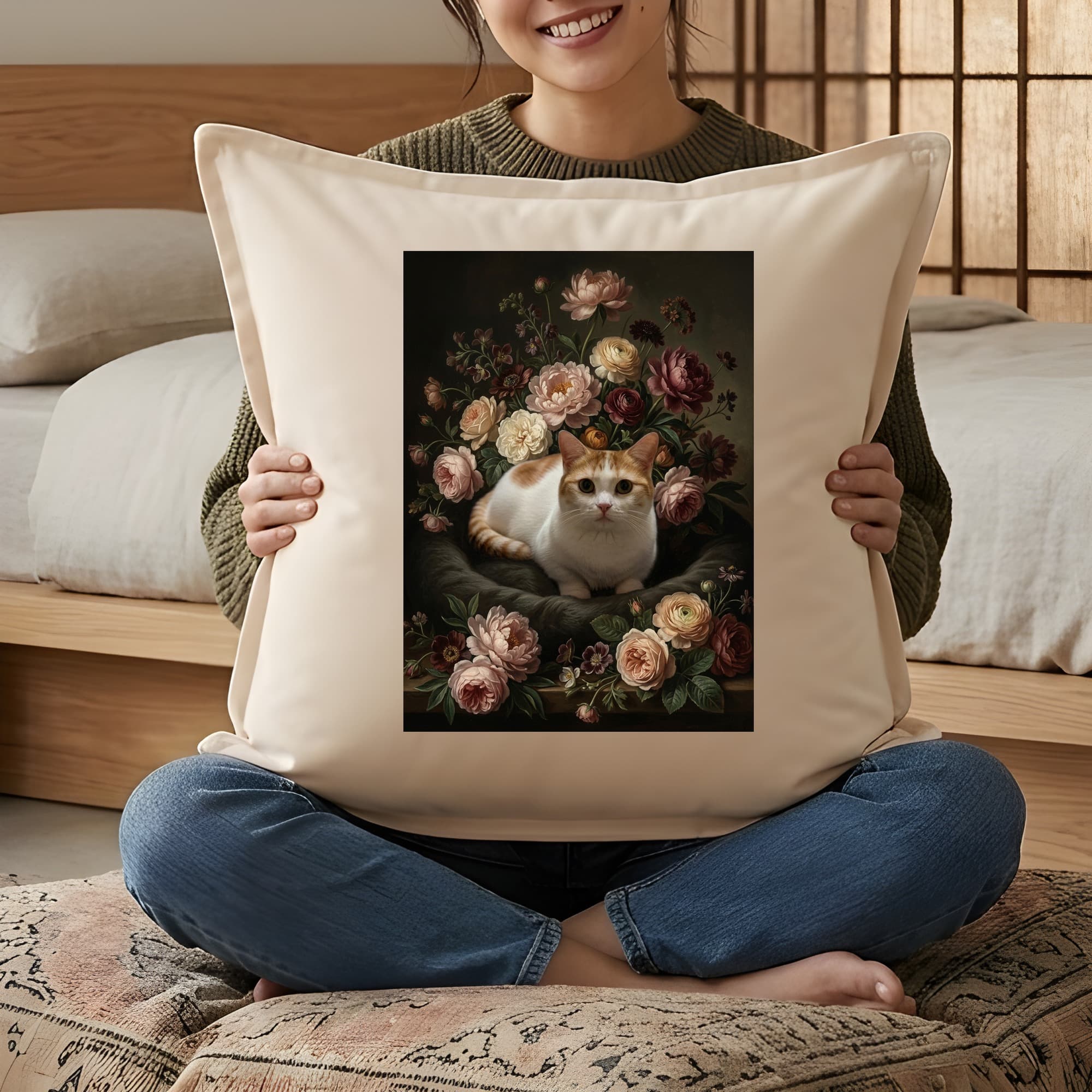 マンチカンの花の油絵風アート花柄クッション 3