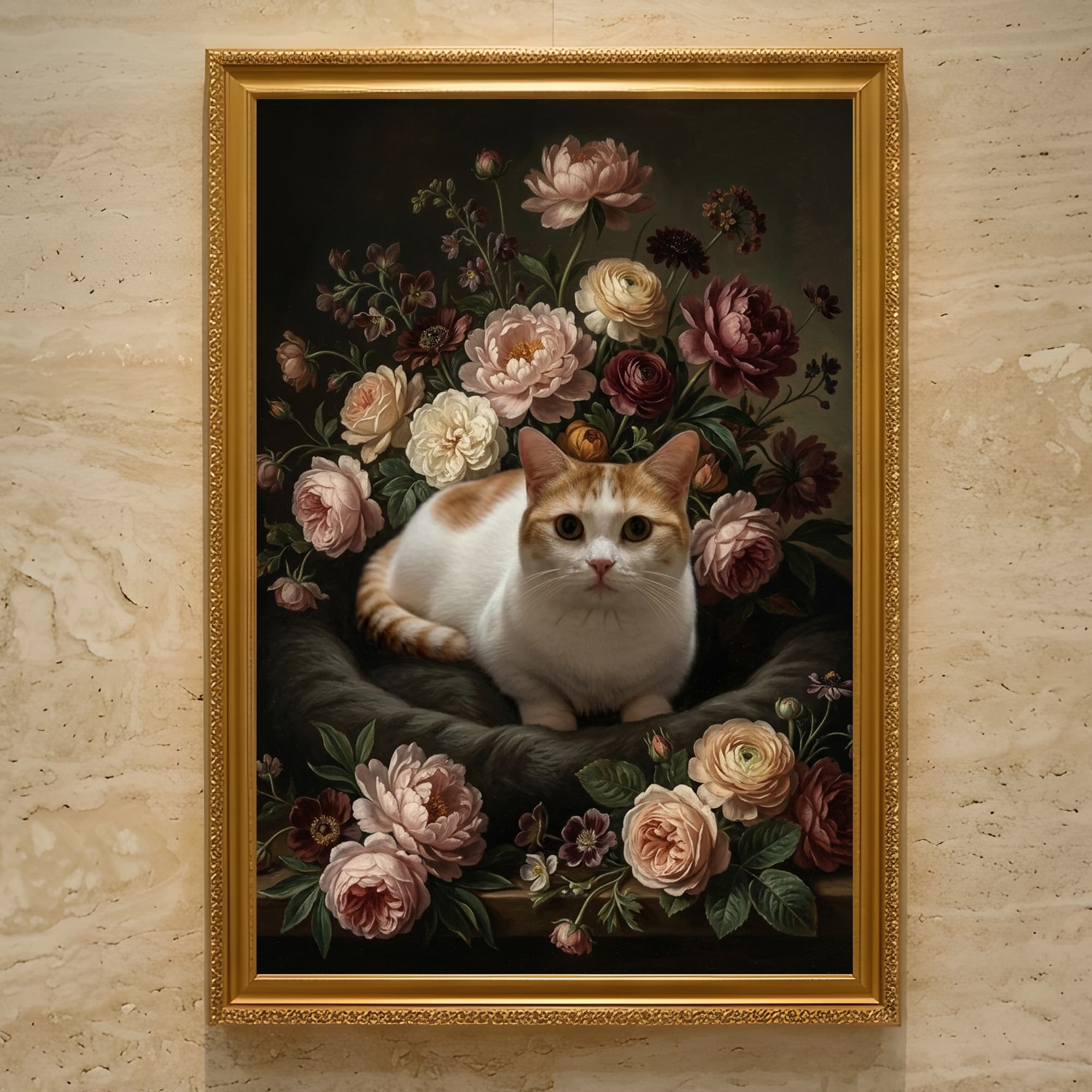 マンチカンの花の油絵風アート花柄額装プリント(A3サイズ)