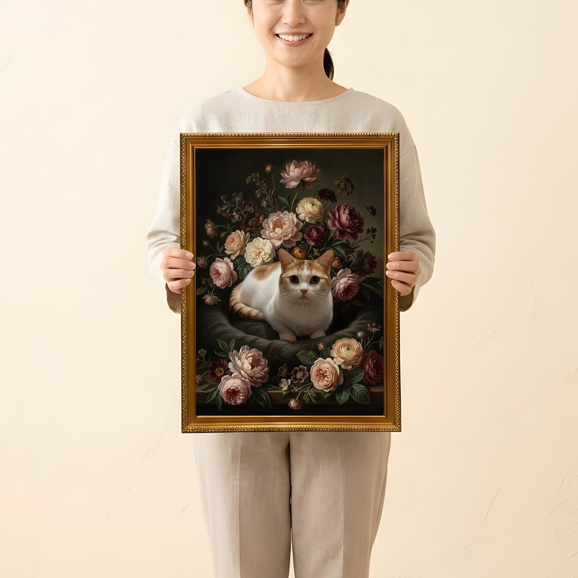 マンチカンの花の油絵風アート花柄額装プリント(A3サイズ) 2