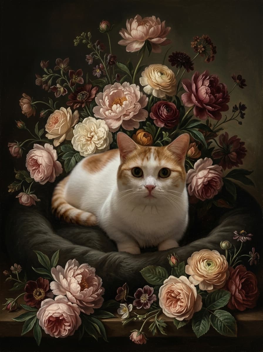 マンチカンの花の油絵風アート花柄額装プリント(A3サイズ) 4