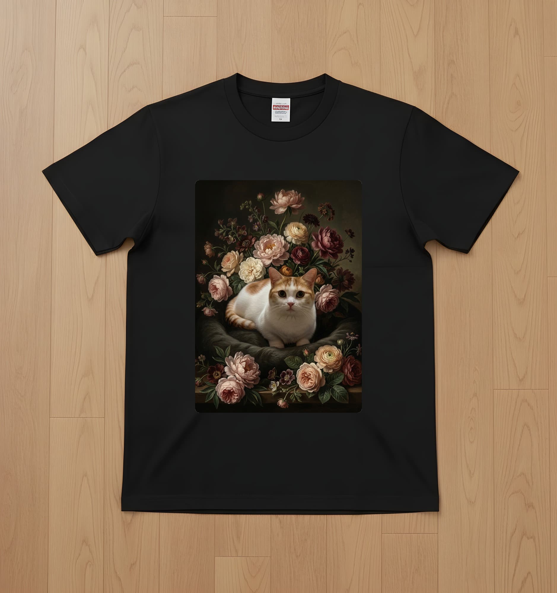 マンチカンの花の油絵風アート花柄Tシャツ(ブラック)