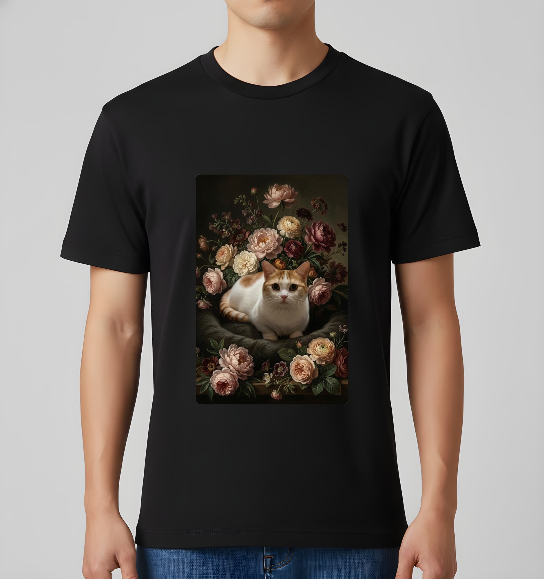 マンチカンの花の油絵風アート花柄Tシャツ(ブラック) 3