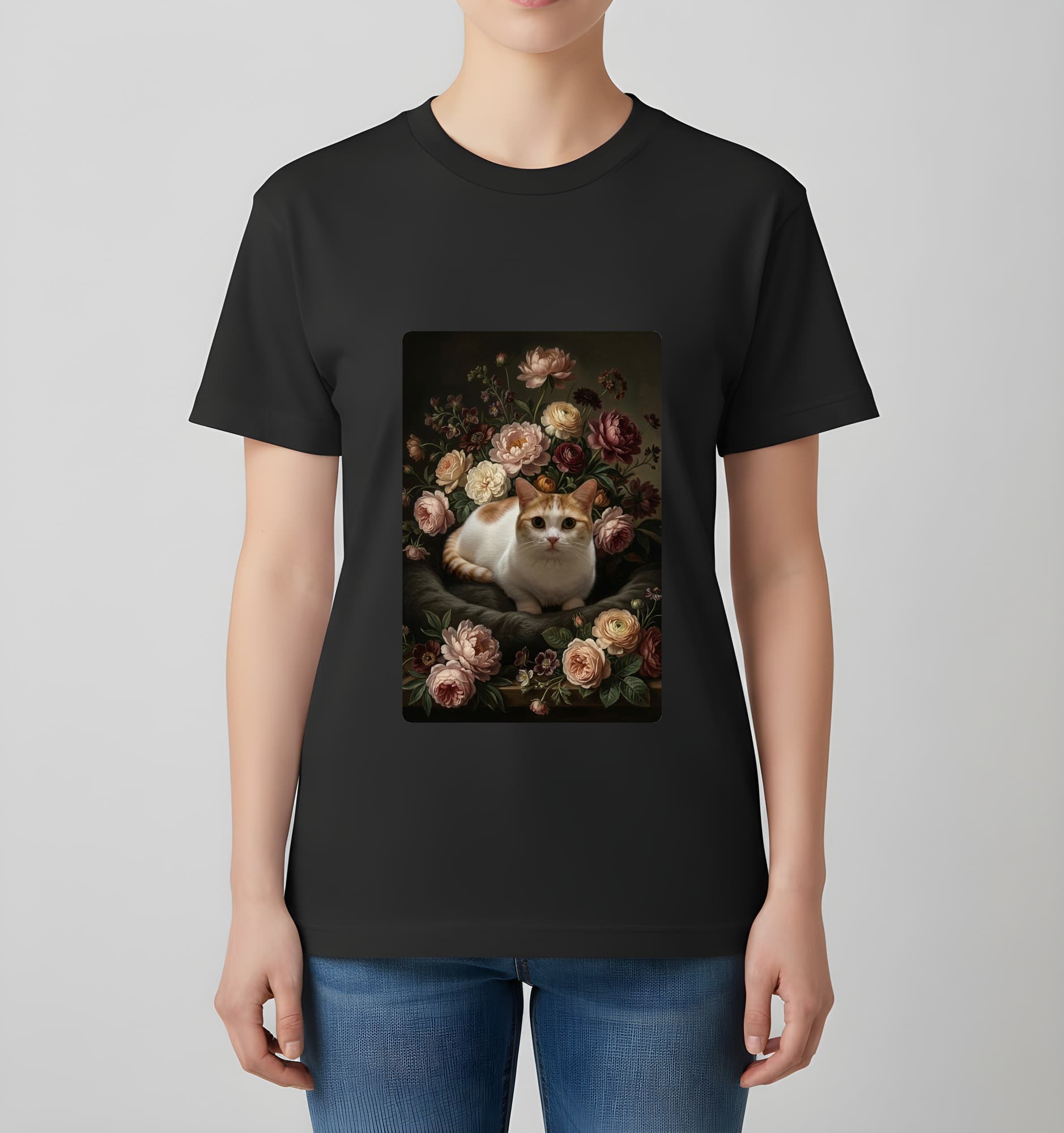マンチカンの花の油絵風アート花柄Tシャツ(ブラック) 4
