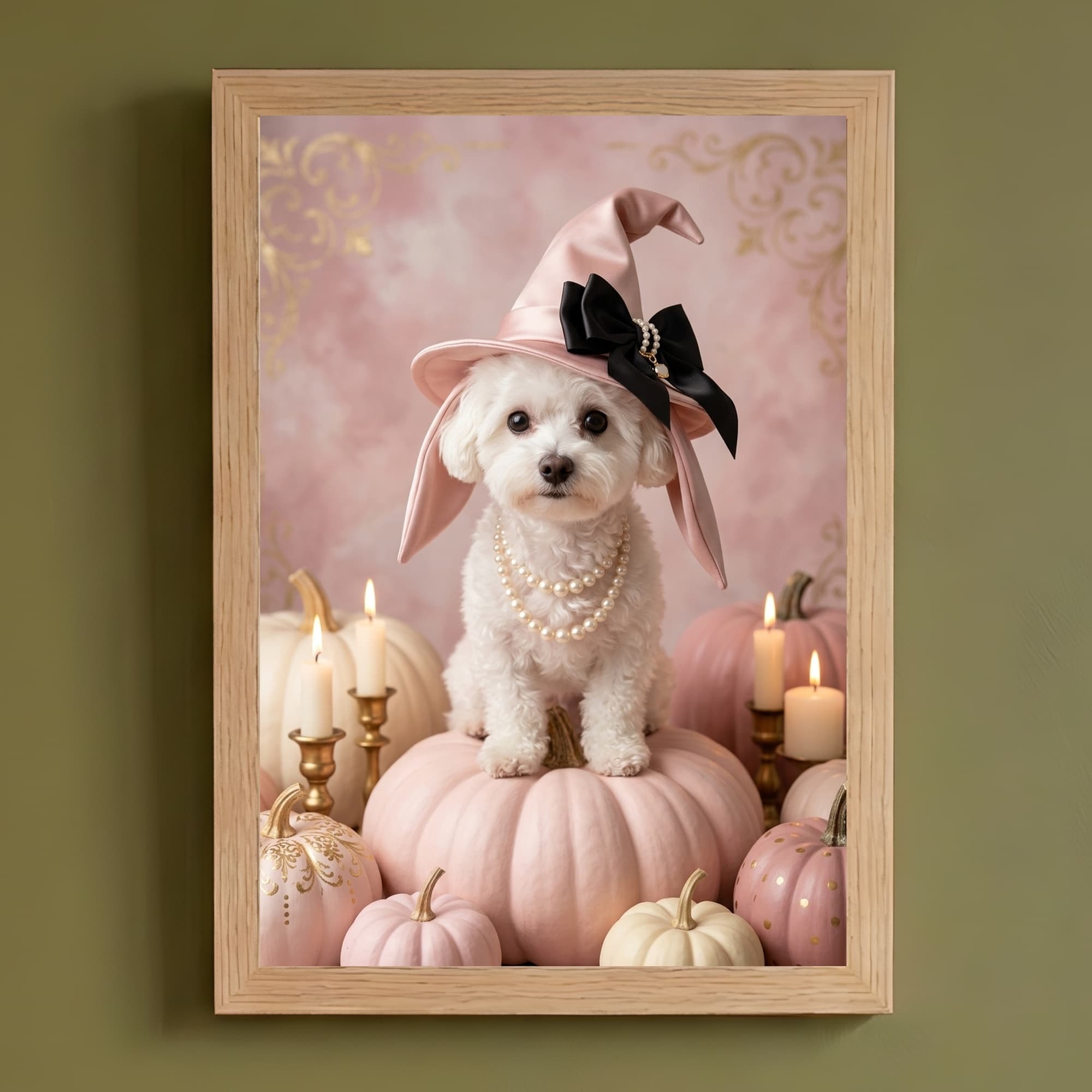 bichon frise Pumpkin & Candlelight Oil-Painting Halloween Framed Art Print (A4)