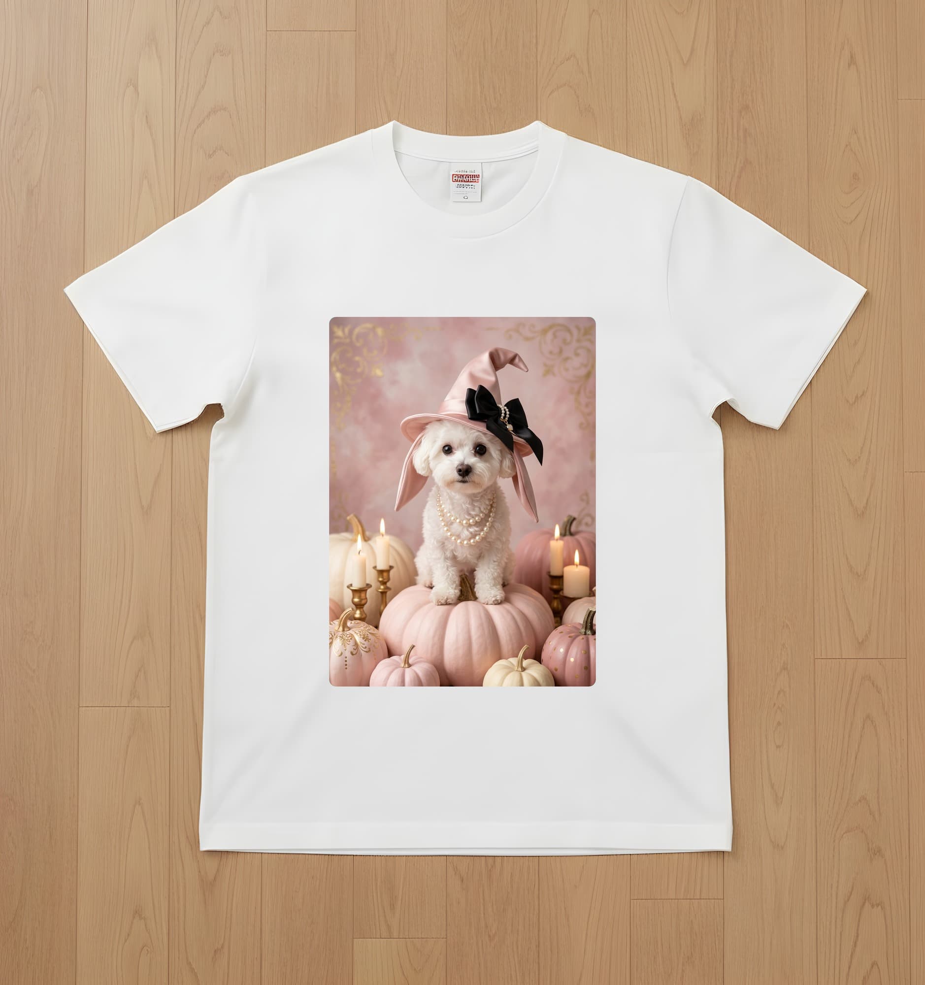 ビションフリーゼのかぼちゃとキャンドルの油絵風アートハロウィンTシャツ(ホワイト)