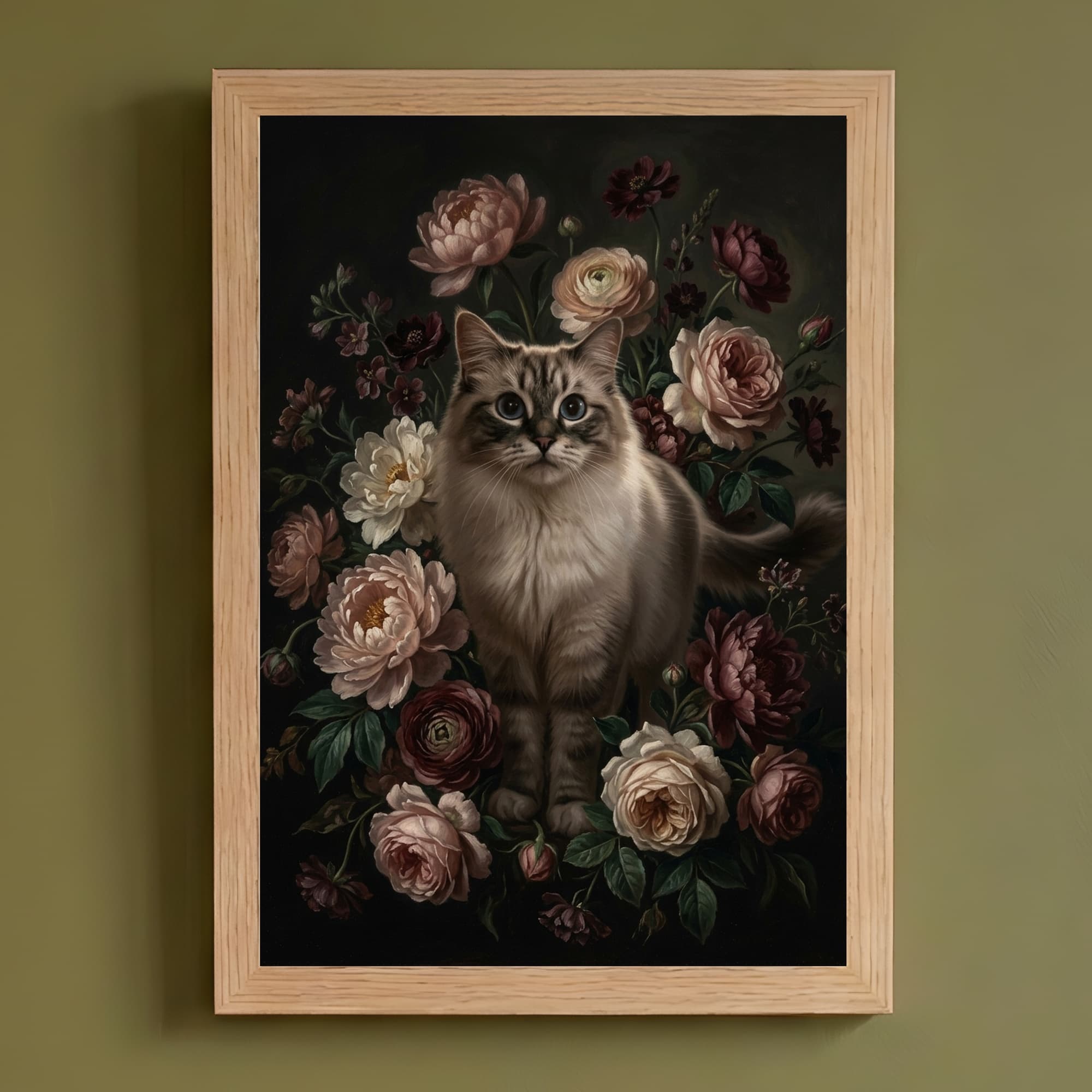 ラグドールの花の油絵風アート花柄額装プリント(A4サイズ)