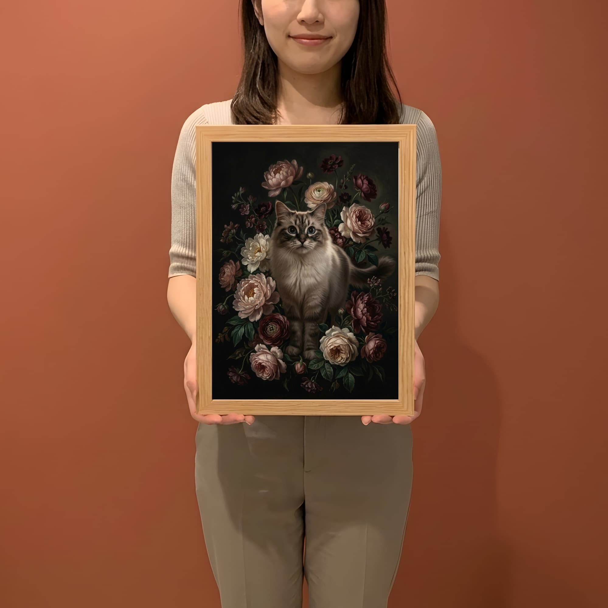 ラグドールの花の油絵風アート花柄額装プリント(A4サイズ) 2