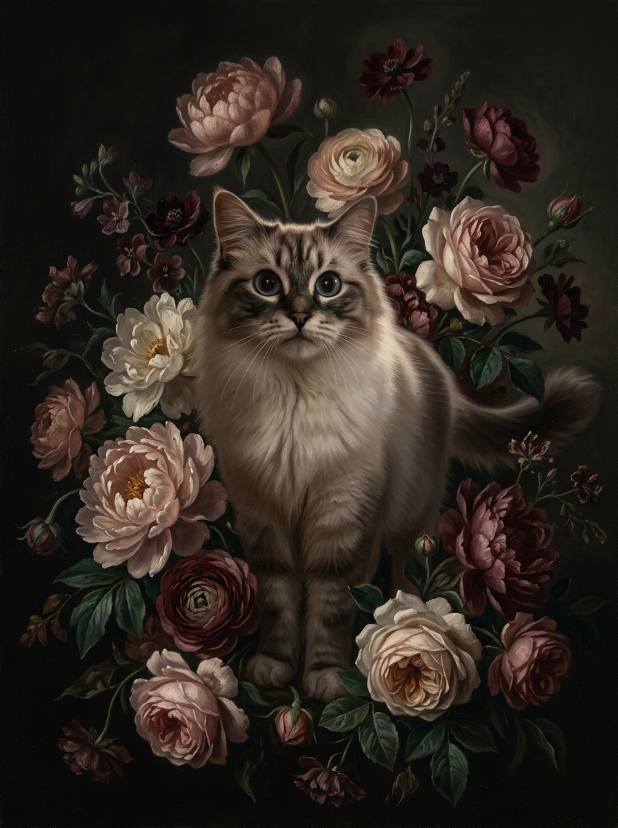 ラグドールの花の油絵風アート花柄額装プリント(A4サイズ) 4
