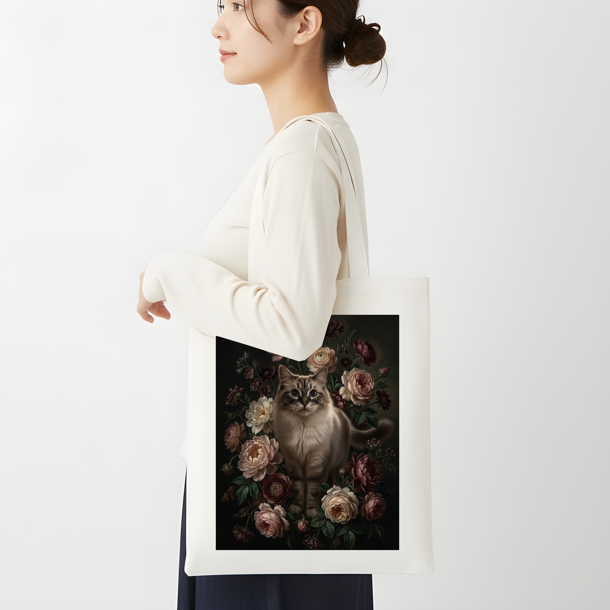 ラグドールの花の油絵風アート花柄トートバッグ 2