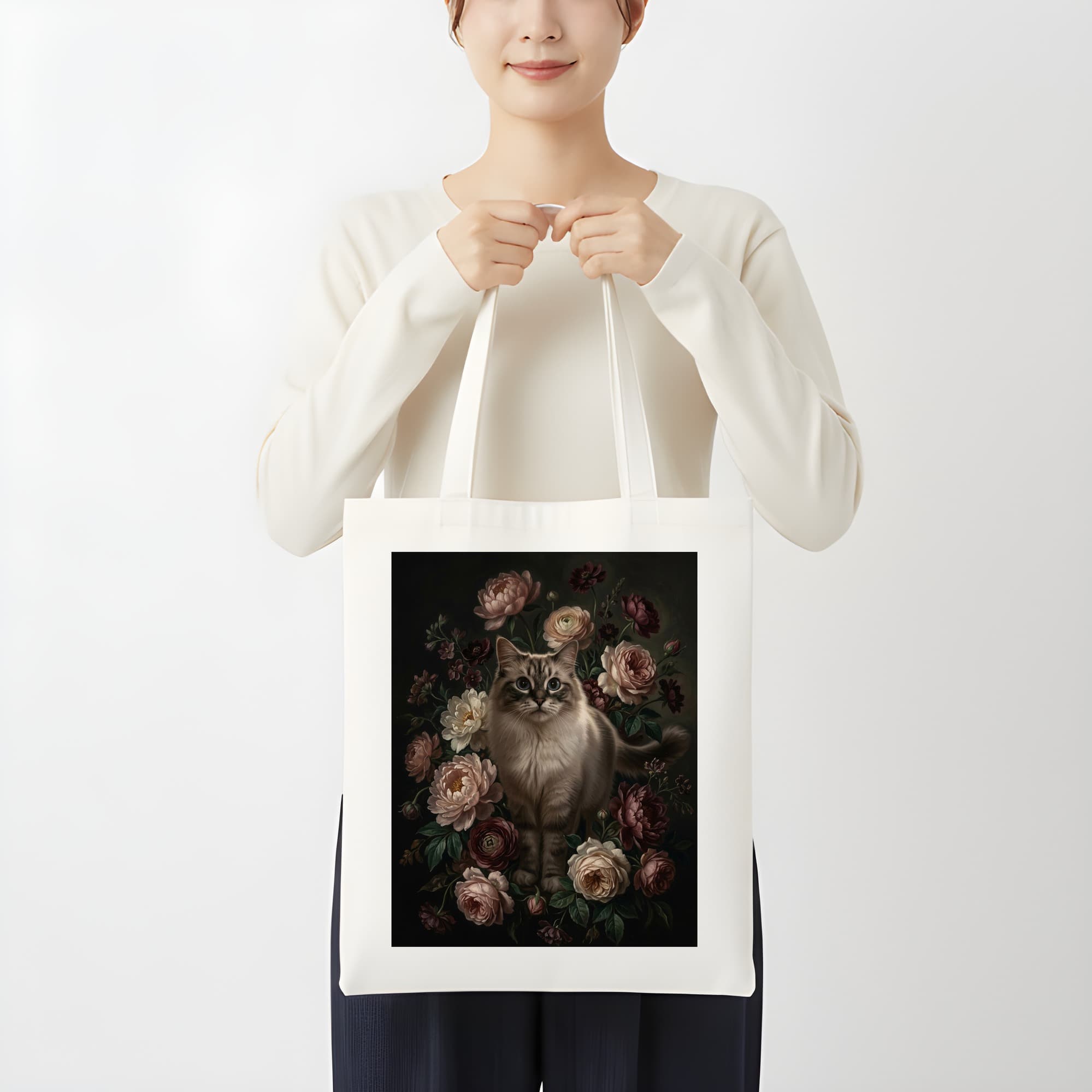 ラグドールの花の油絵風アート花柄トートバッグ 3