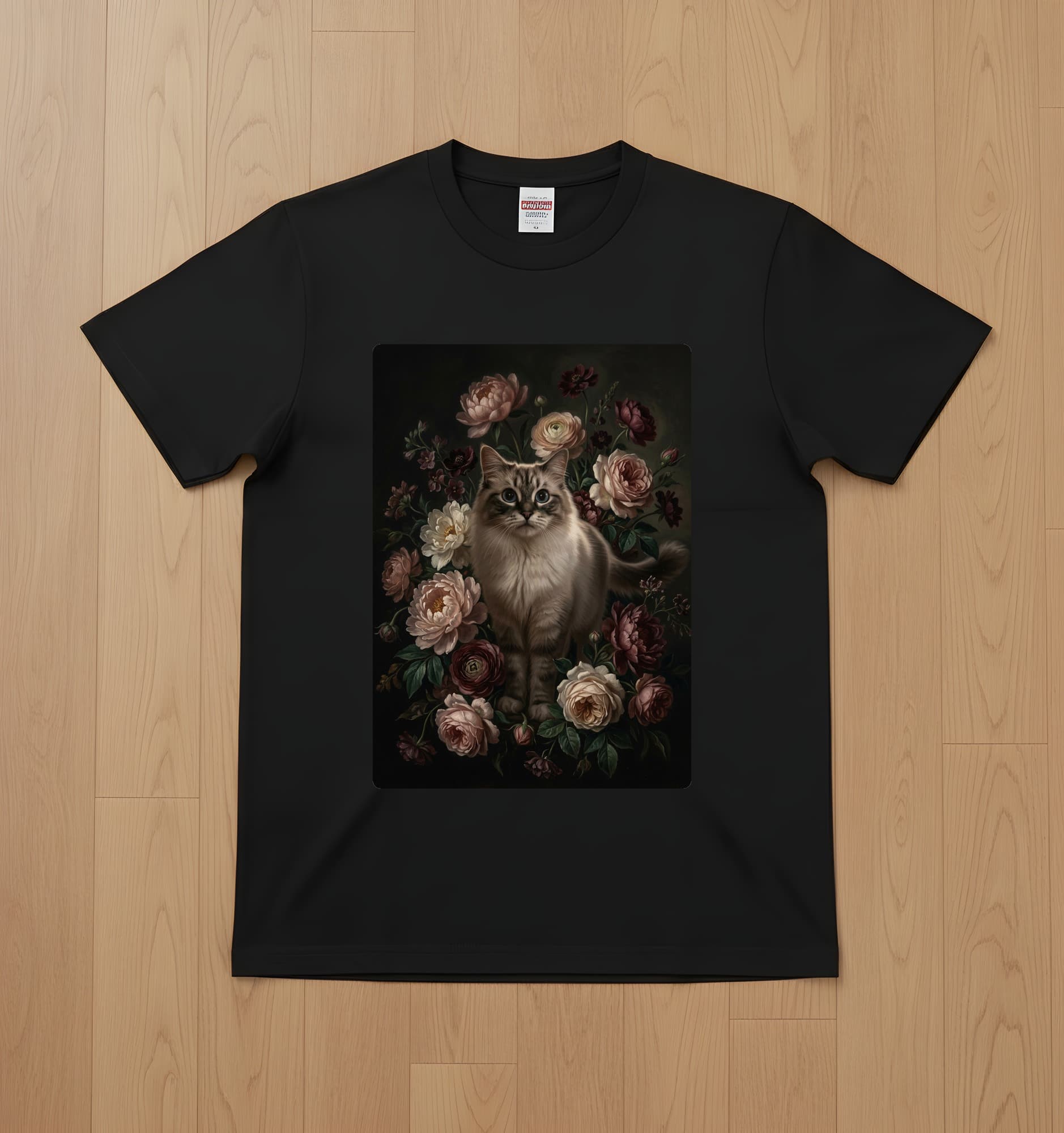 ラグドールの花の油絵風アート花柄Tシャツ(ブラック)