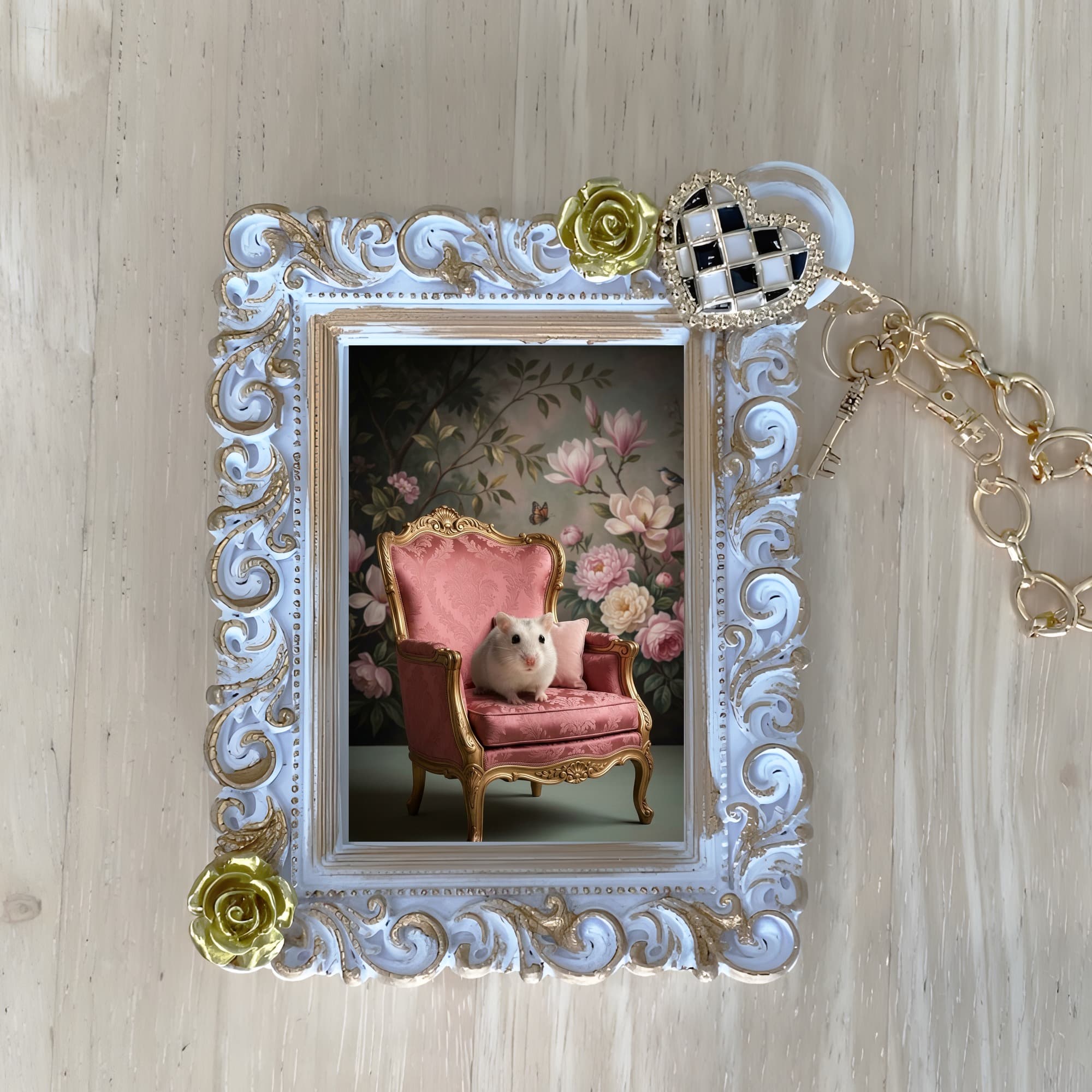 Pearl White hamster Shabby Pink Oil-Painting Rococo Bag Charm (White)