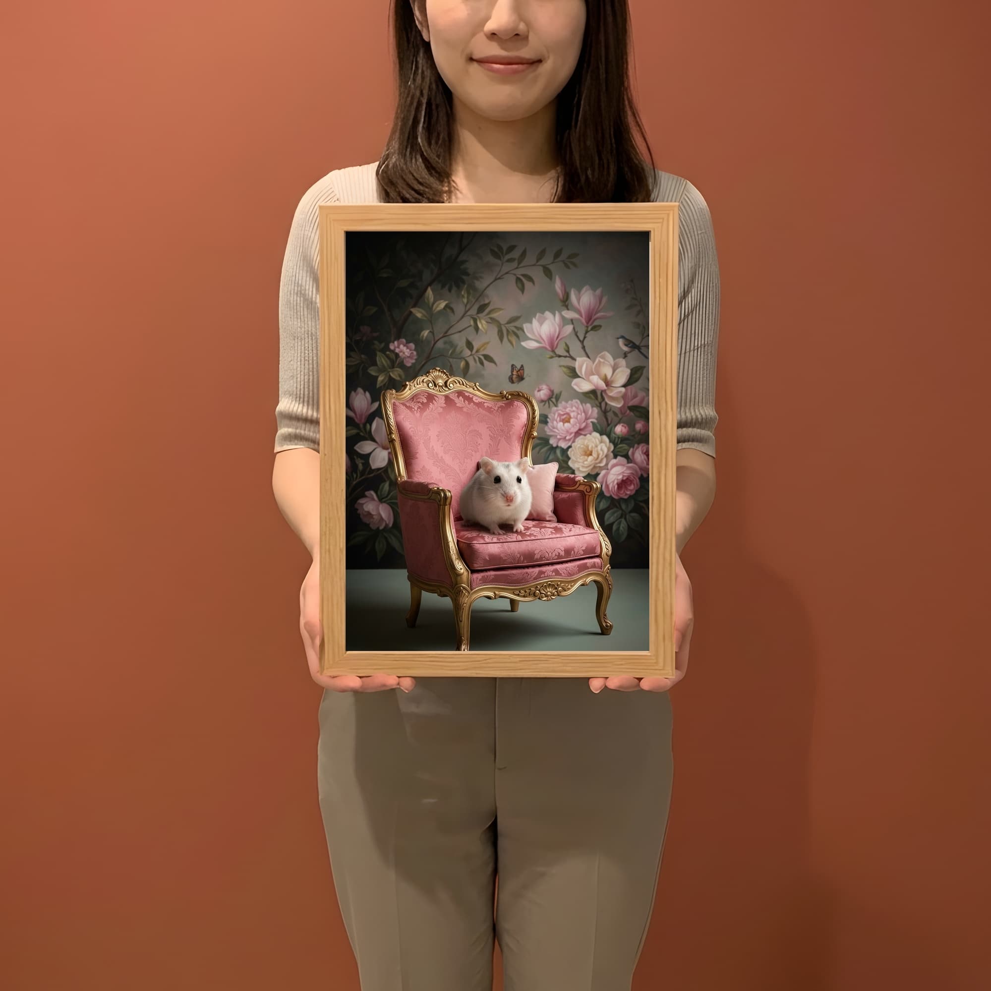 パールホワイトハムスターのシャビーピンクの油絵風アートロココ調額装プリント(A4サイズ) 2