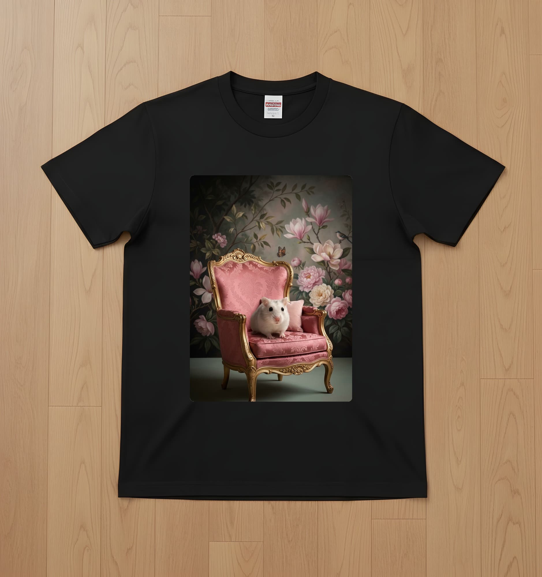 パールホワイトハムスターのシャビーピンクの油絵風アートロココ調Tシャツ(ブラック)