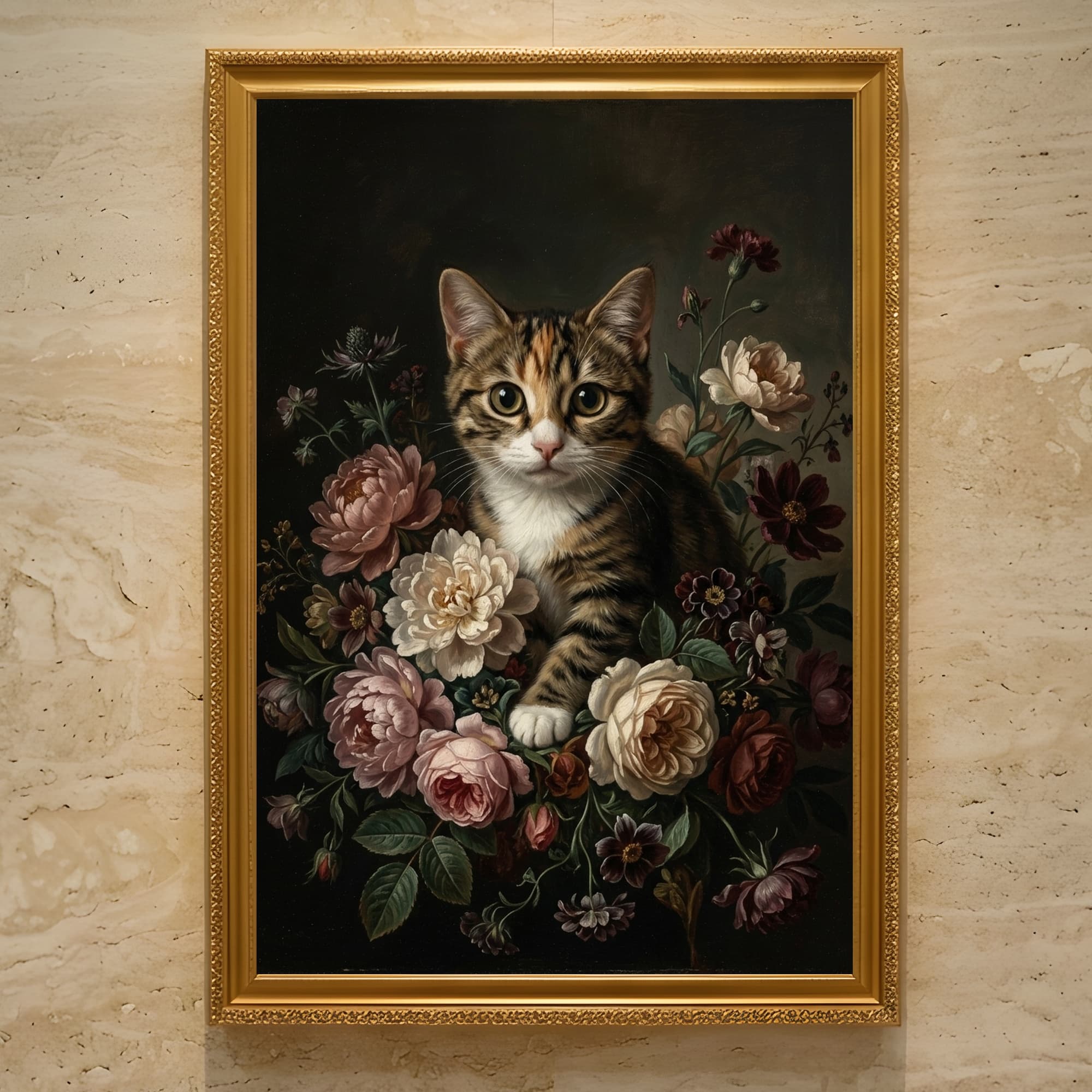アメリカンショートヘアの花の油絵風アート花柄額装プリント(A3サイズ)