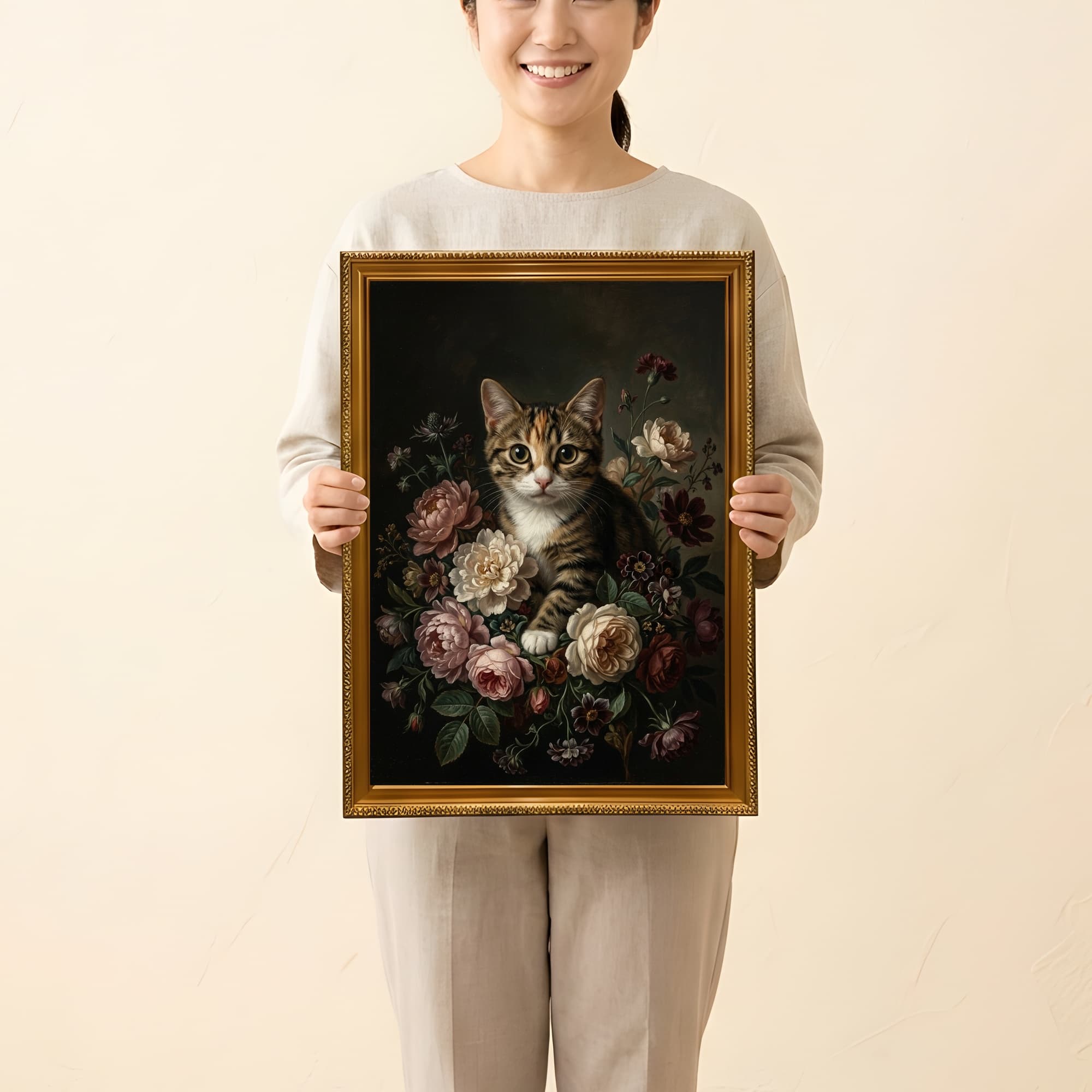 アメリカンショートヘアの花の油絵風アート花柄額装プリント(A3サイズ) 2