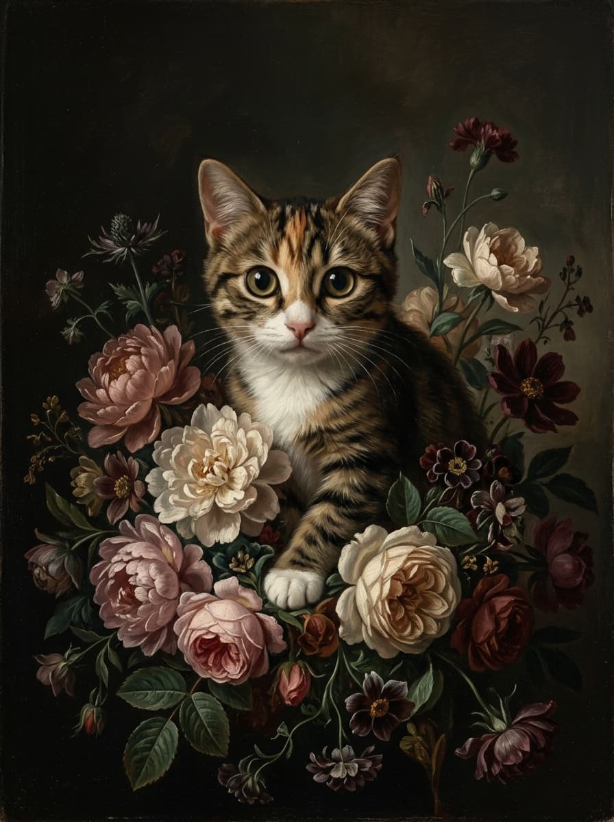 アメリカンショートヘアの花の油絵風アート花柄額装プリント(A3サイズ) 4