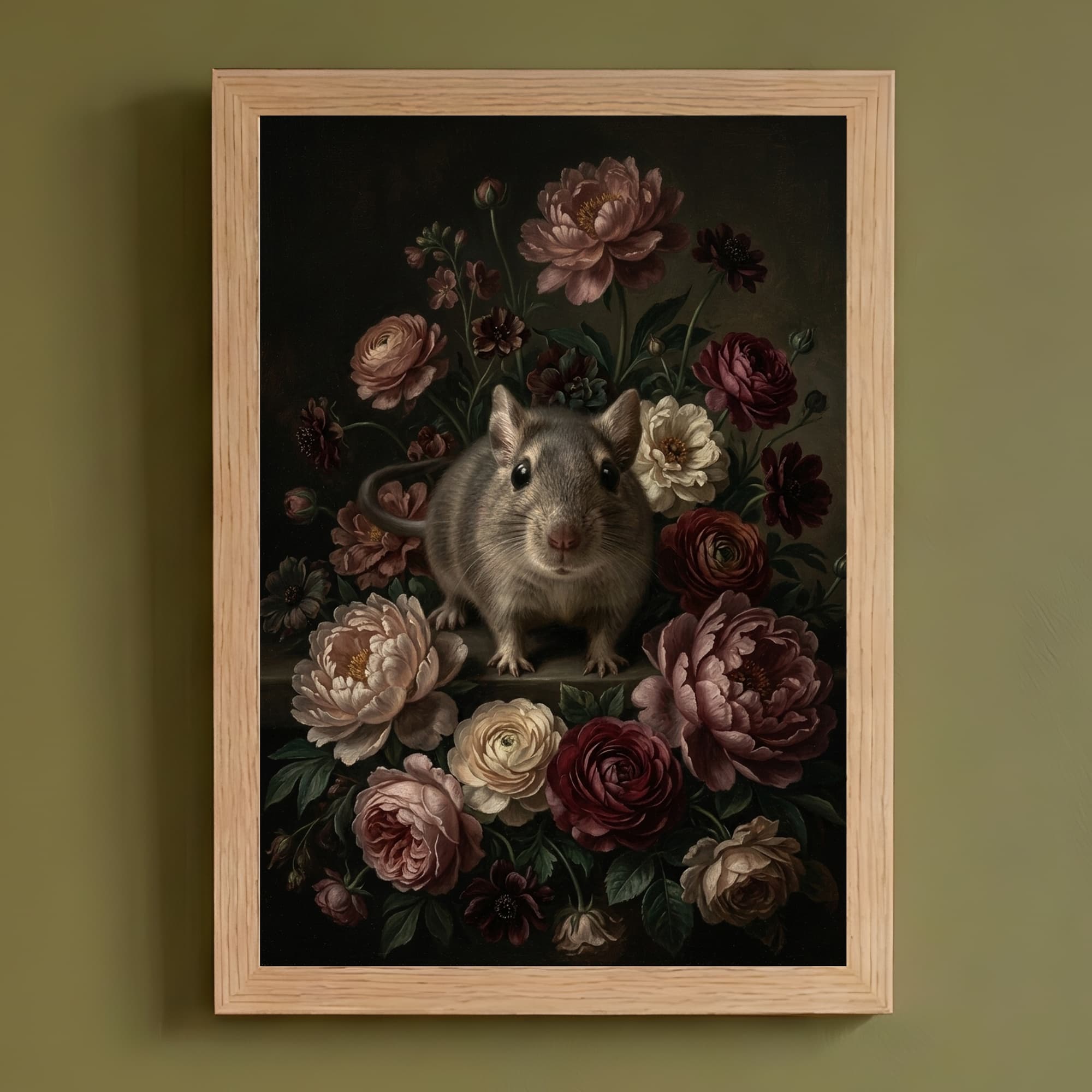 デグーの花の油絵風アート花柄額装プリント(A4サイズ)