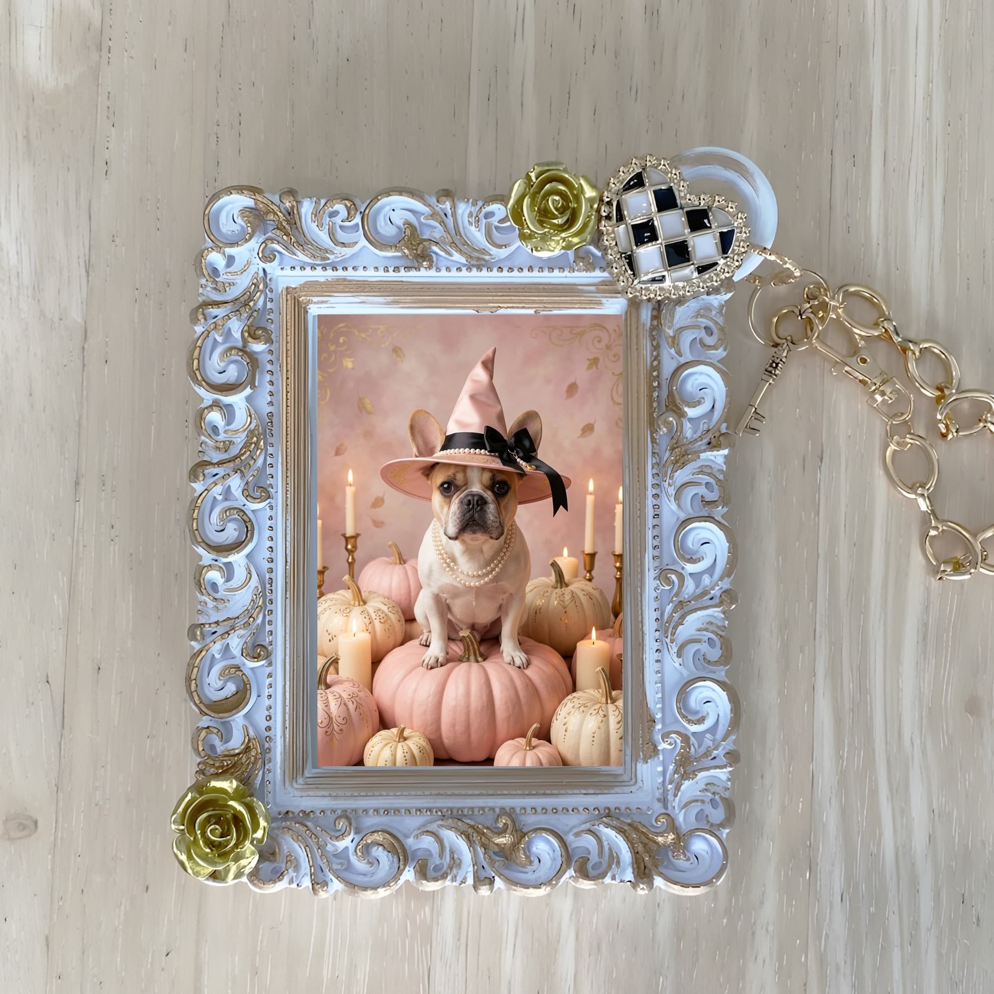 French bulldog Pumpkin & Candlelight Oil-Painting Halloween Bag Charm (White)