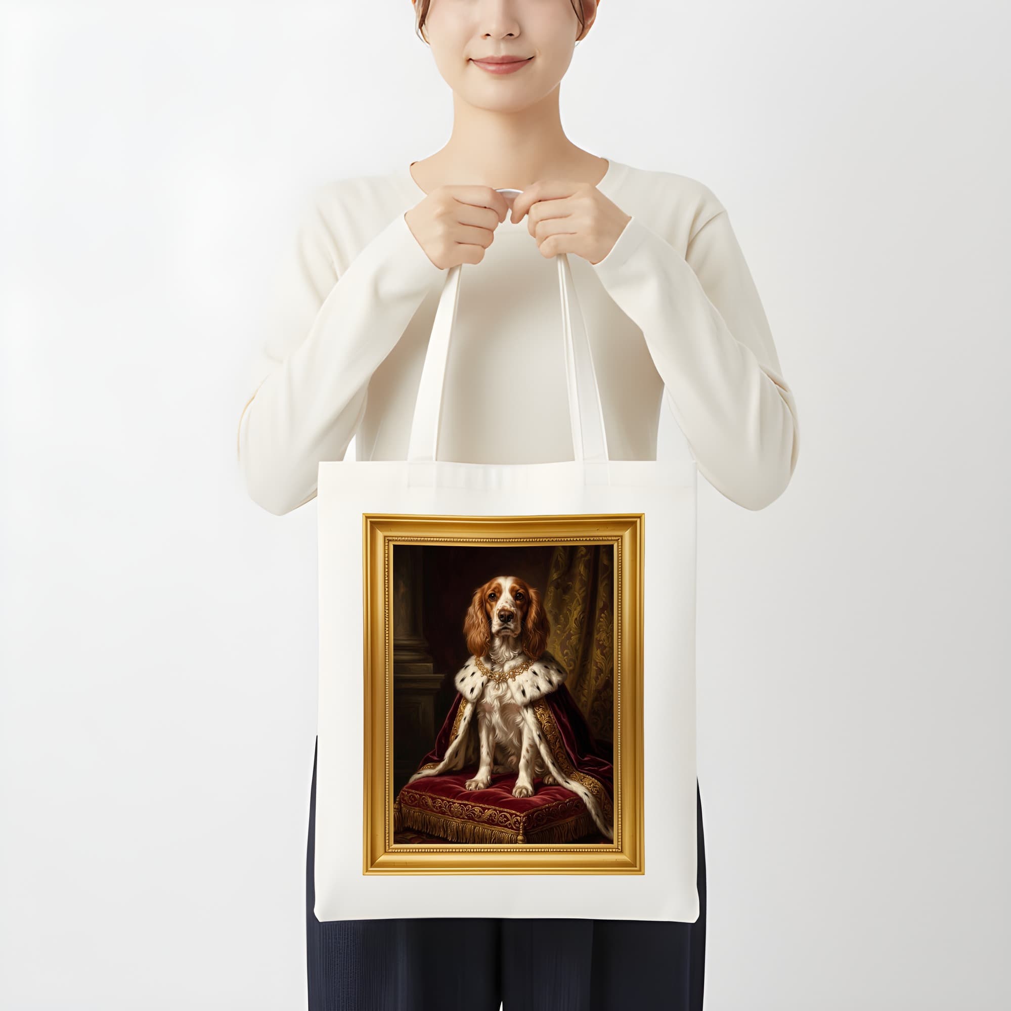 コッカースパニエルのルネサンス肖像画トートバッグ(カラープリント・額縁デザインあり) 3