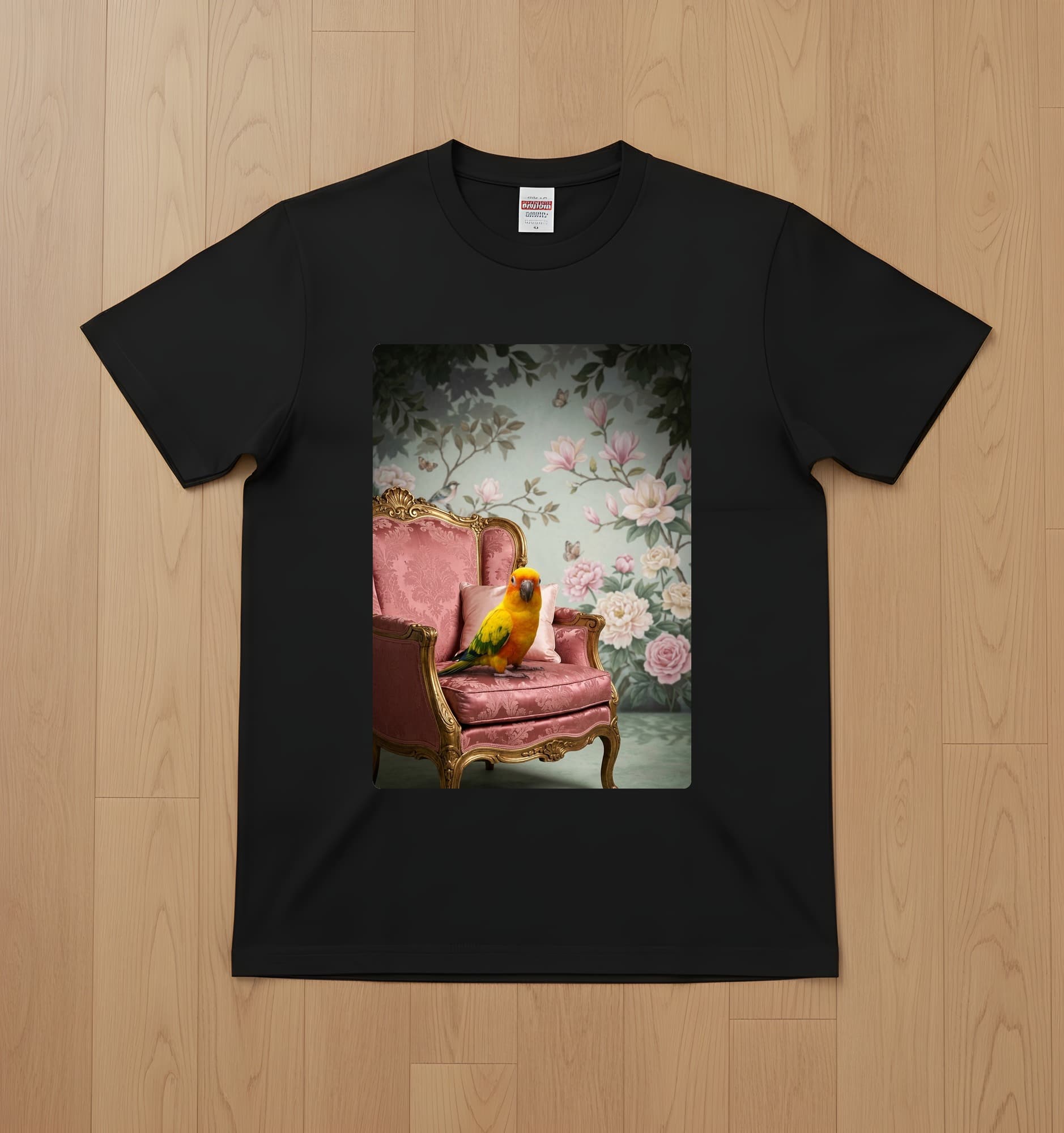 Jenday Conure Shabby Pink Oil-Painting Rococo T-Shirt (Black)
