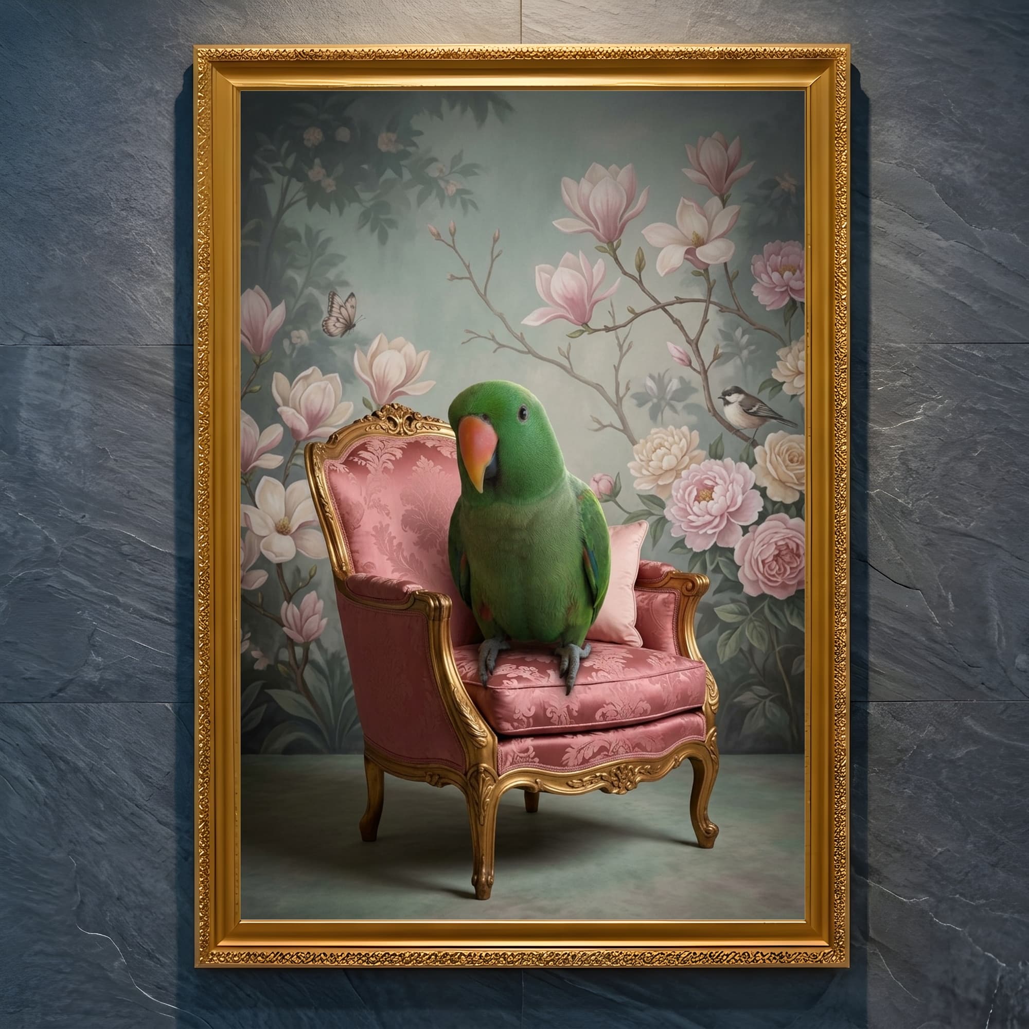 オオハナインコのシャビーピンクの油絵風アートロココ調額装プリント(A4金縁)