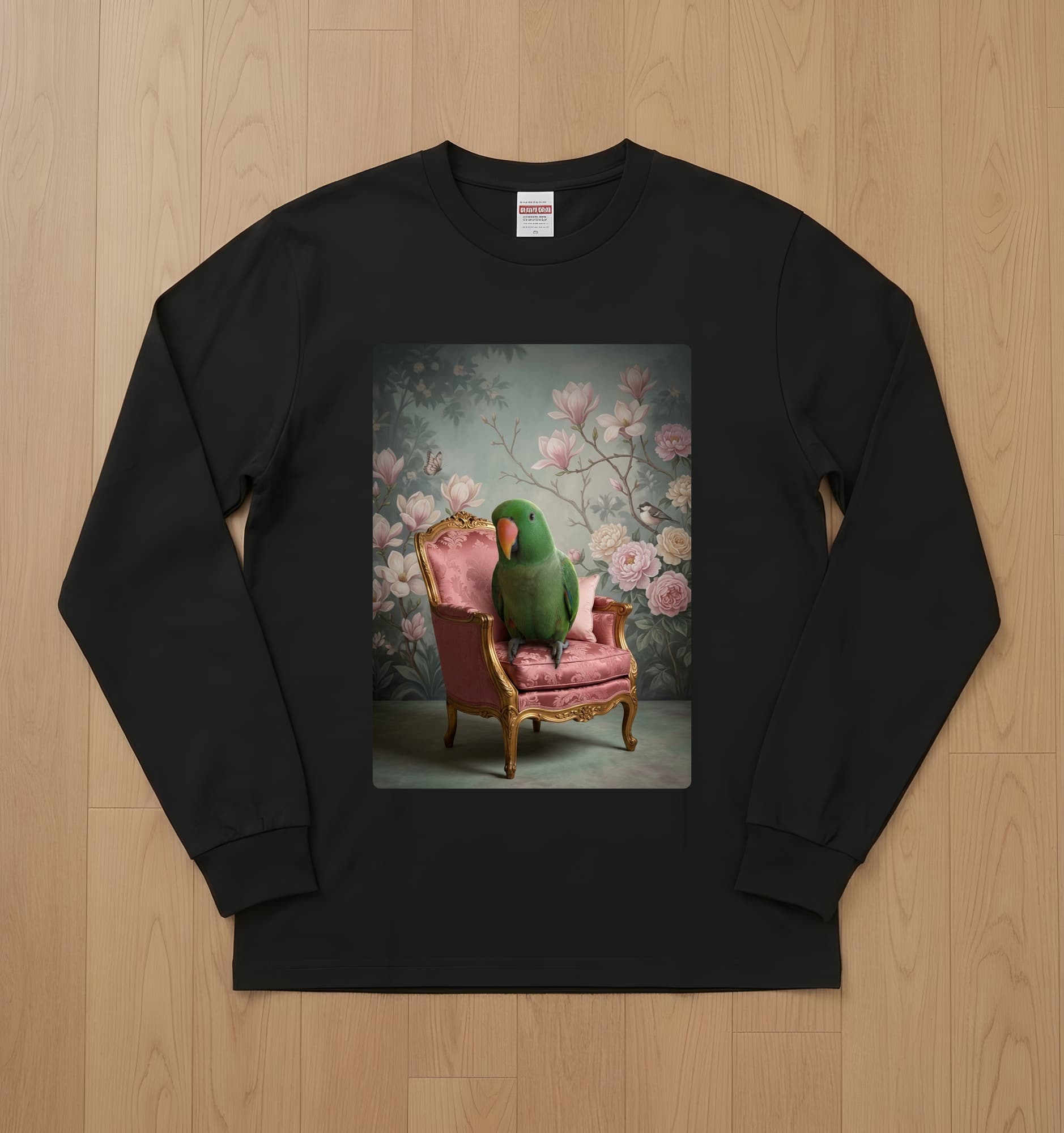 Eclectus Parrot Shabby Pink Oil-Painting Rococo Long Sleeve T-Shirt (Black)