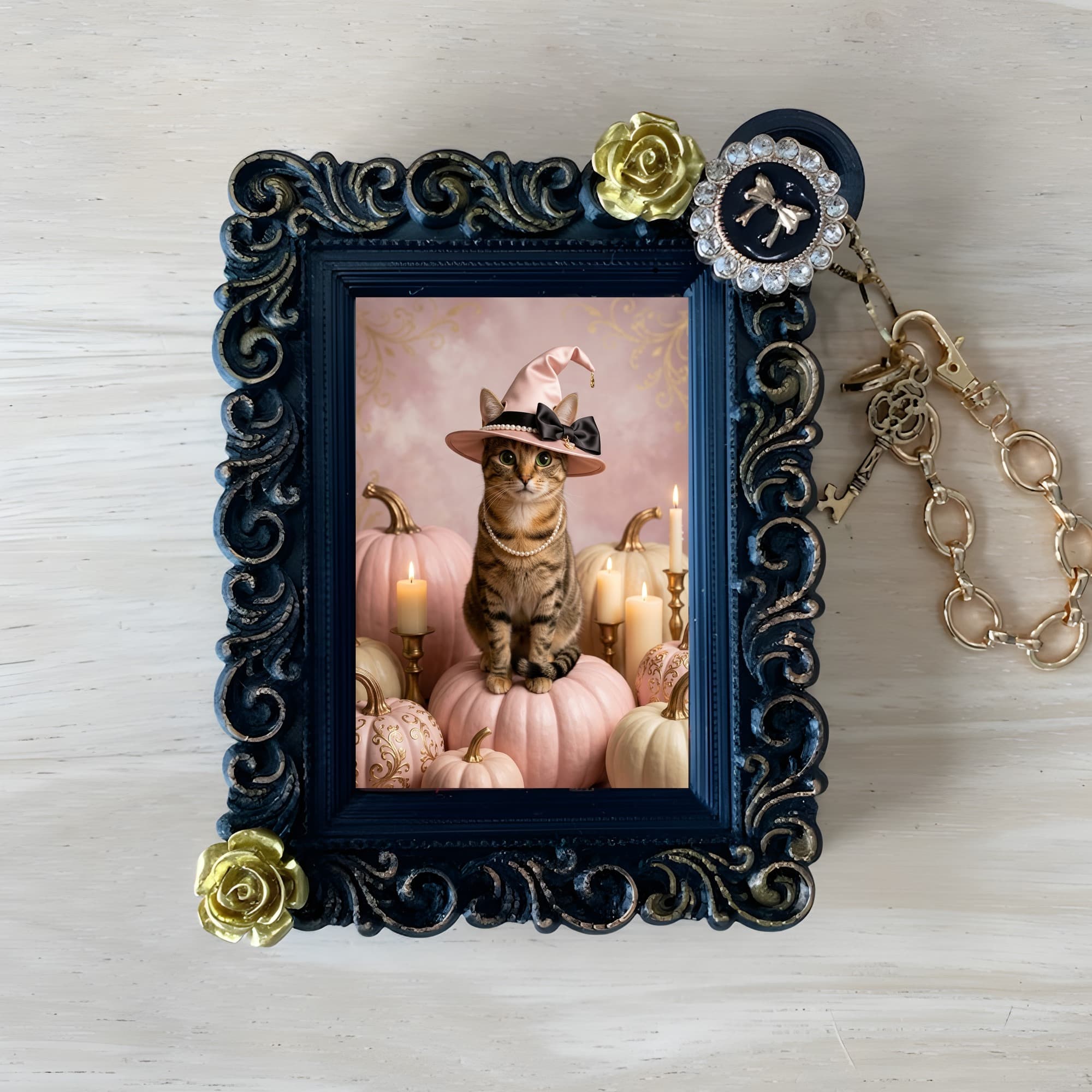 猫のかぼちゃとキャンドルの油絵風アートハロウィンバッグチャーム(ブラック)