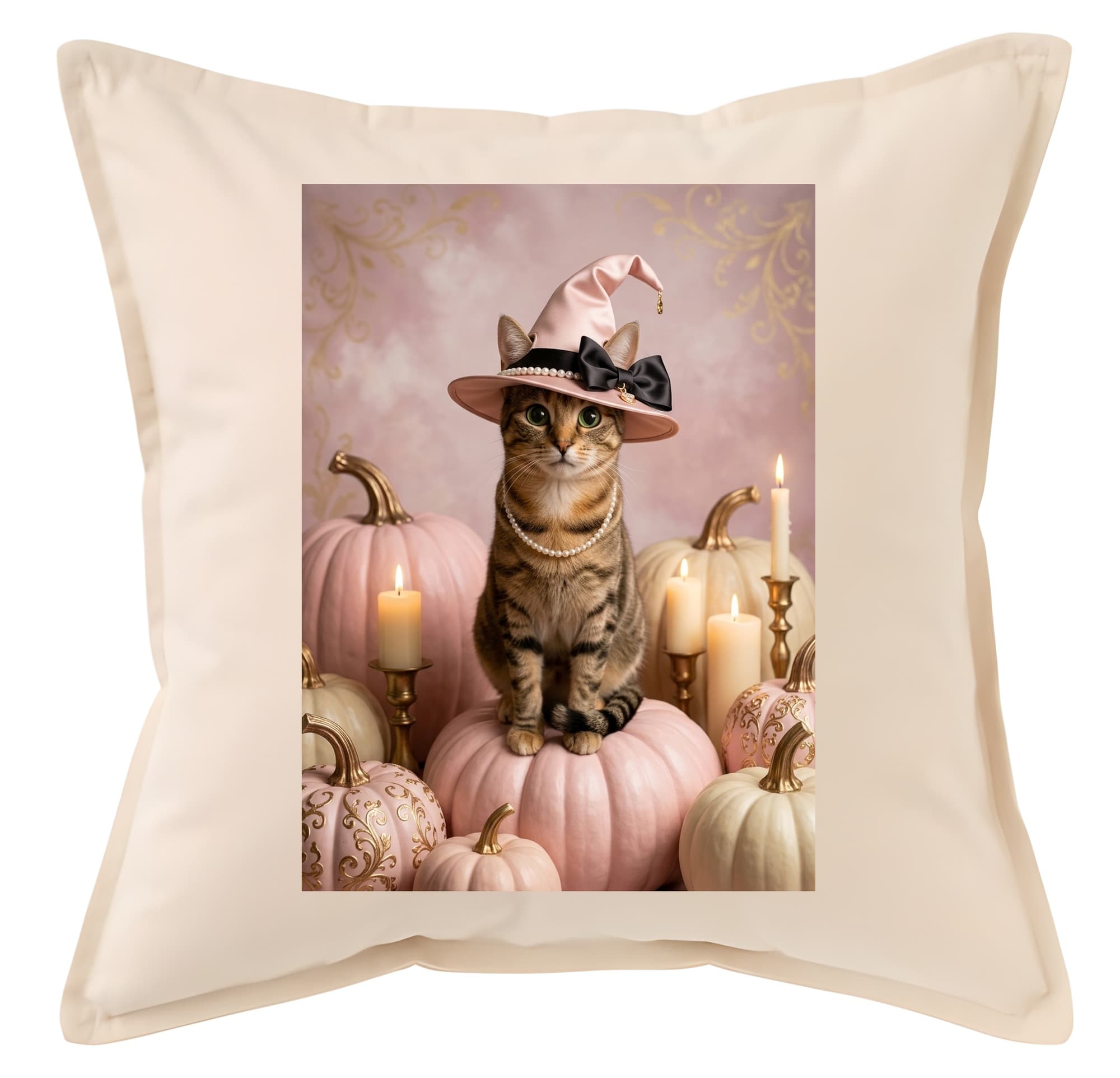 mixed breed cat Pumpkin & Candlelight Oil-Painting Halloween Cushion