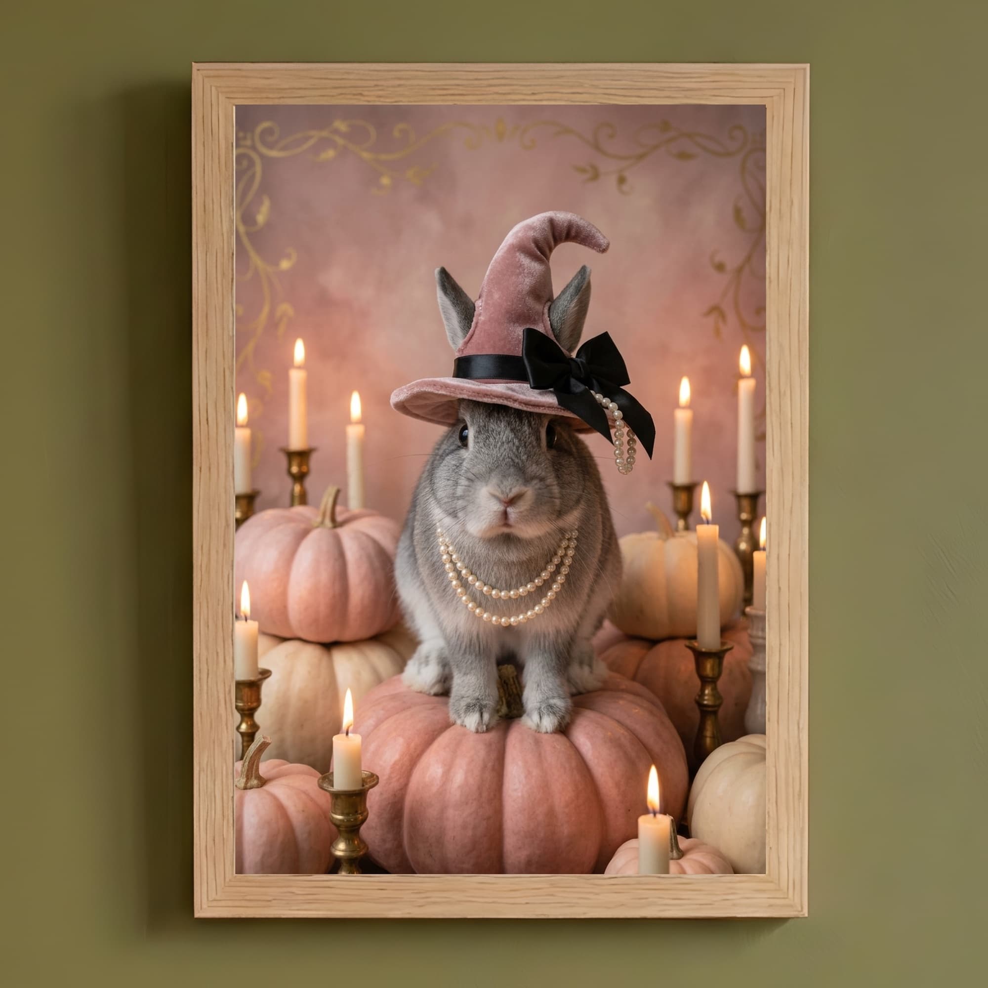 チンチラうさぎのかぼちゃとキャンドルの油絵風アートハロウィン額装プリント(A4サイズ)