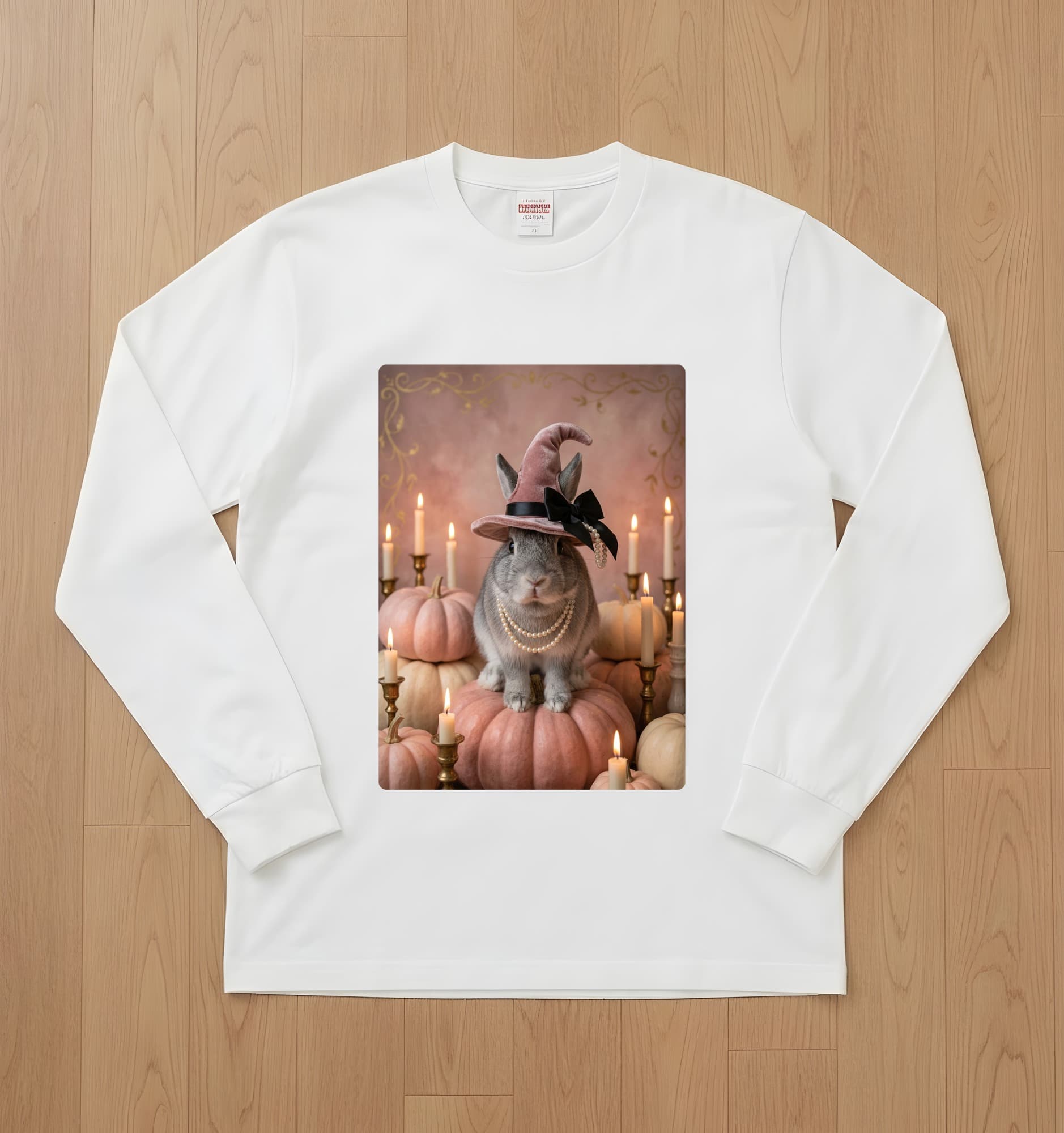 Chinchilla rabbit Pumpkin & Candlelight Oil-Painting Halloween Long Sleeve T-Shirt (White)