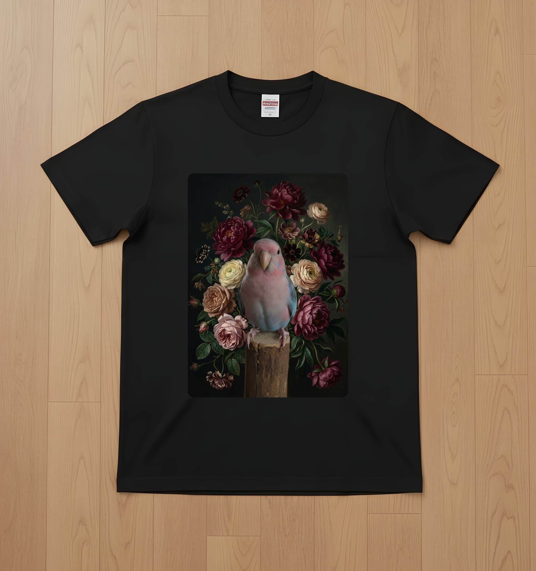 アキクサインコの花の油絵風アート花柄Tシャツ(ブラック)