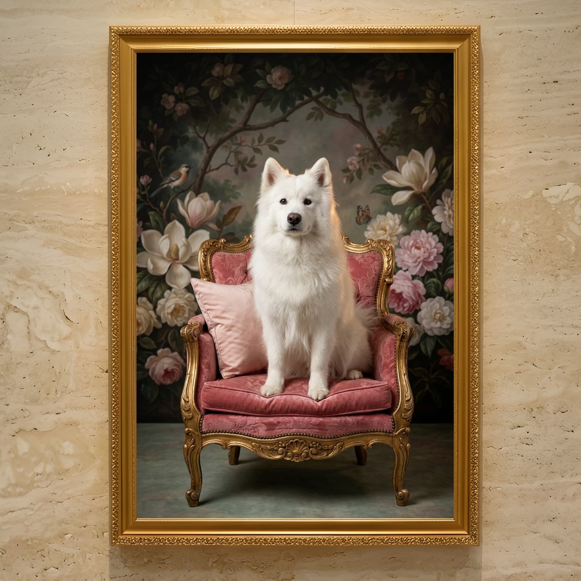 Samoyed Shabby Pink Oil-Painting Rococo Framed Art Print (A3)