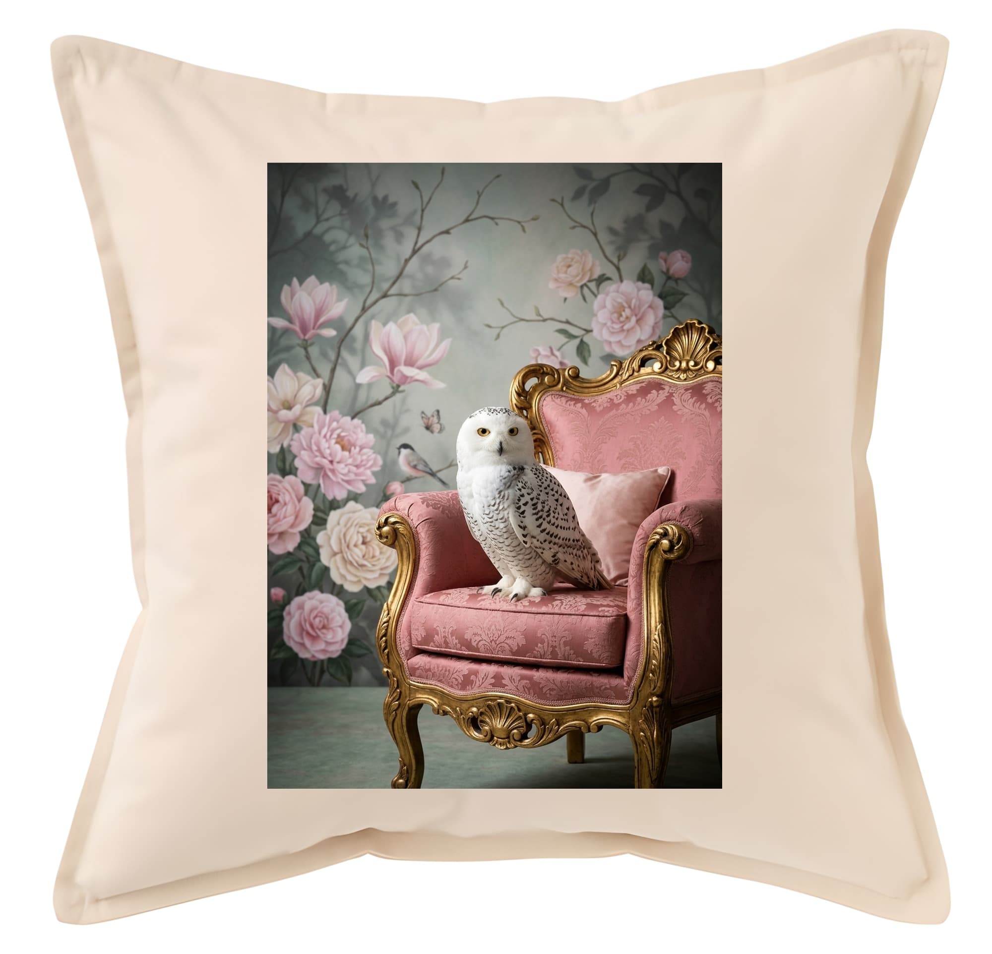 Snowy owl Shabby Pink Oil-Painting Rococo Cushion