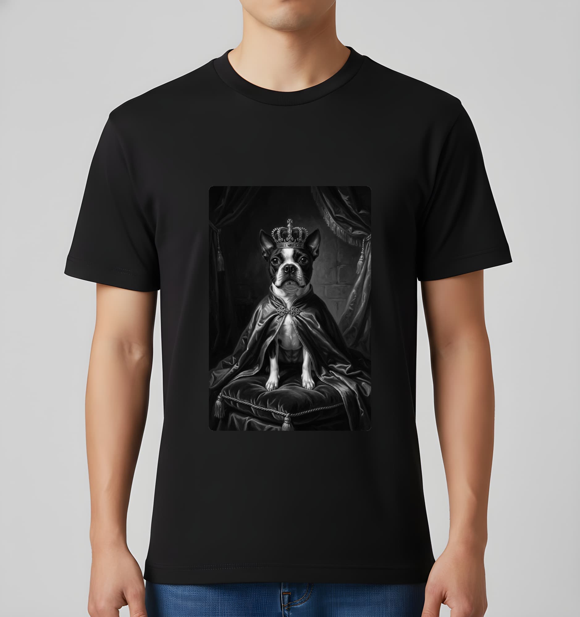 ボストンテリアのルネサンス肖像画Tシャツ(ブラック・モノクロプリント・額縁なし) 3