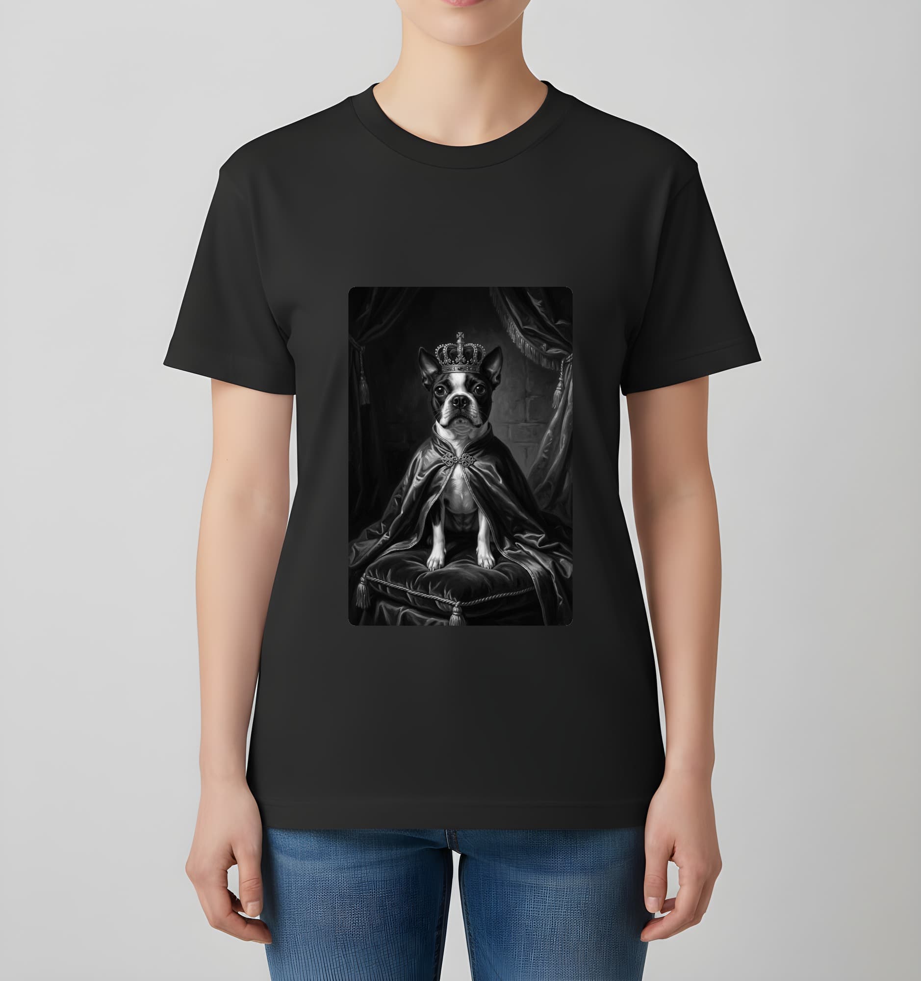 ボストンテリアのルネサンス肖像画Tシャツ(ブラック・モノクロプリント・額縁なし) 4