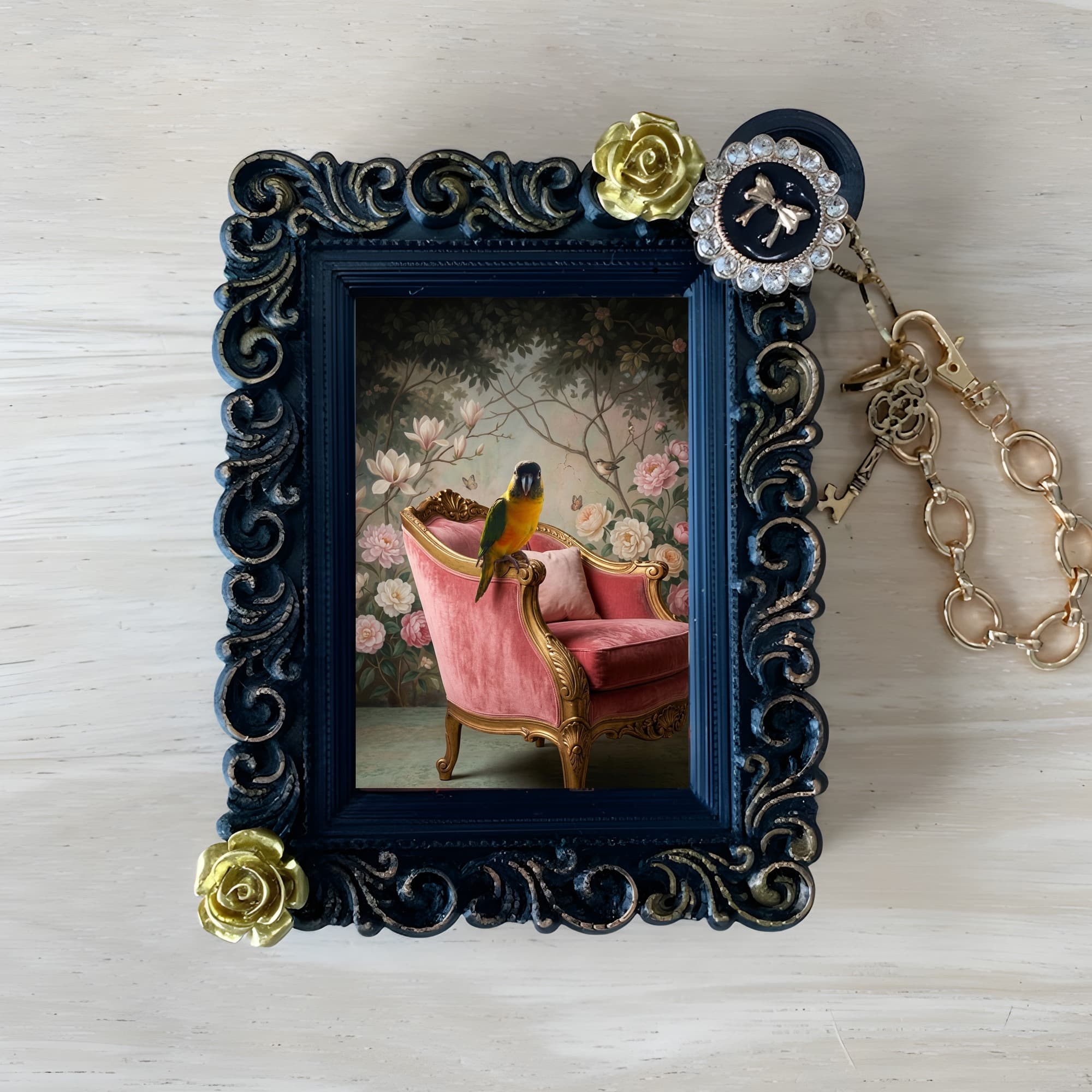 Black-headed Caique Shabby Pink Oil-Painting Rococo Bag Charm (Black)