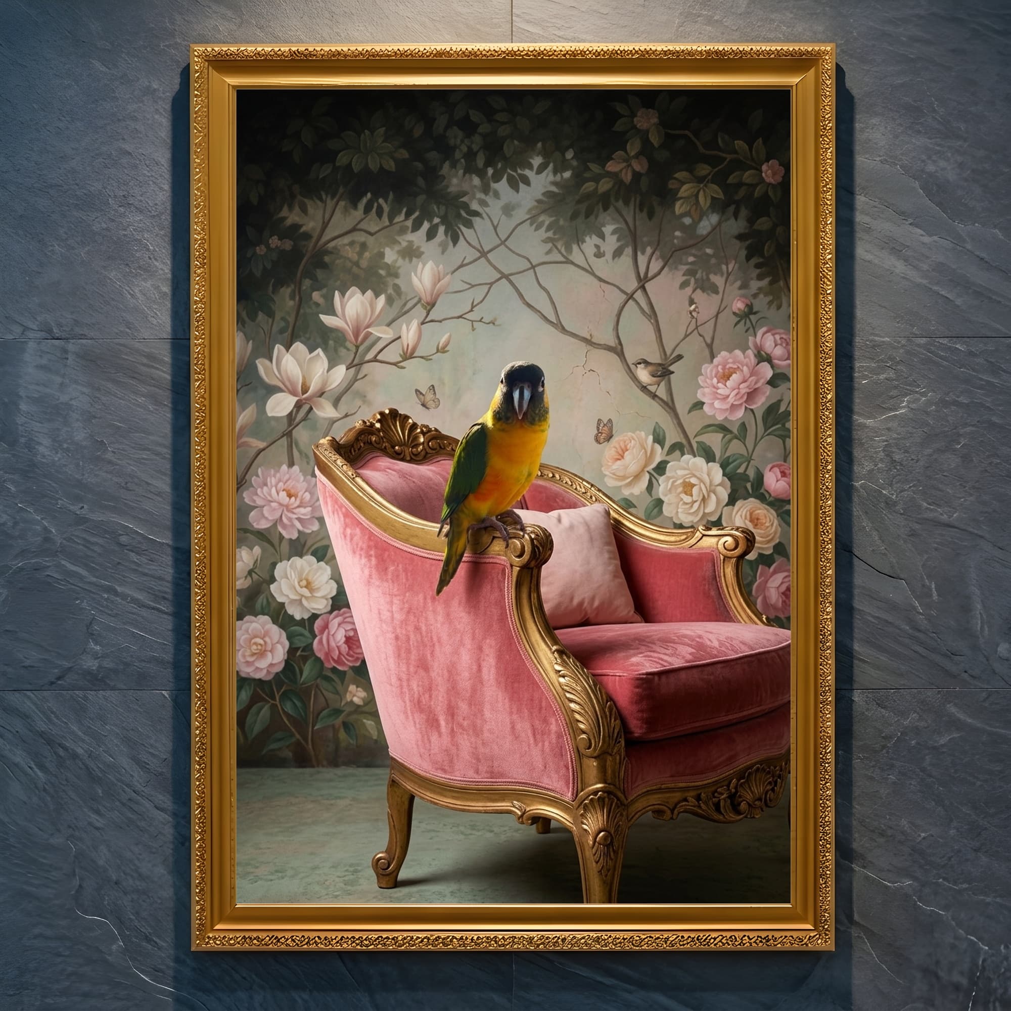 ズグロシロハラインコのシャビーピンクの油絵風アートロココ調額装プリント(A4金縁)