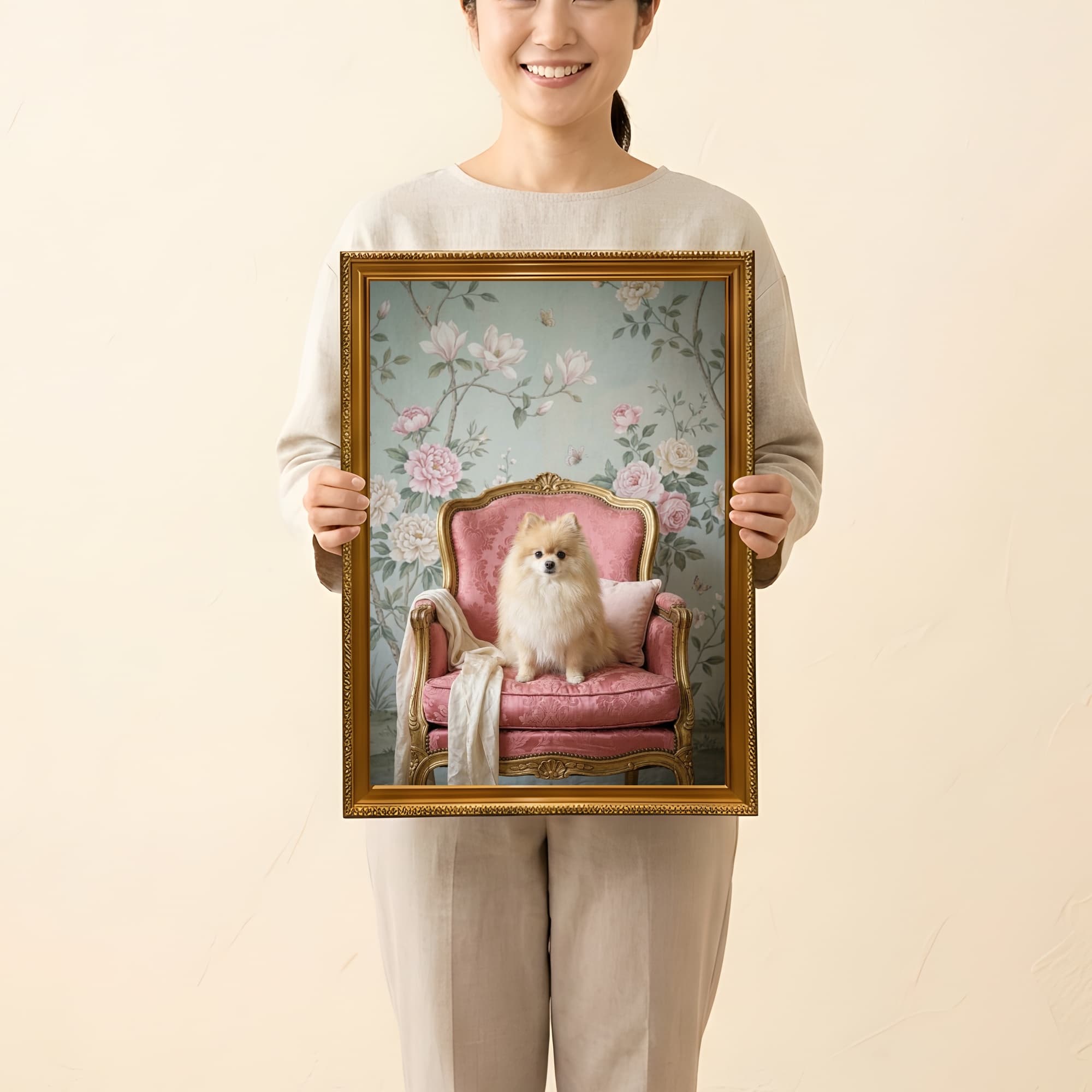 ポメラニアンのシャビーピンクの油絵風アートロココ調額装プリント(A3サイズ) 2