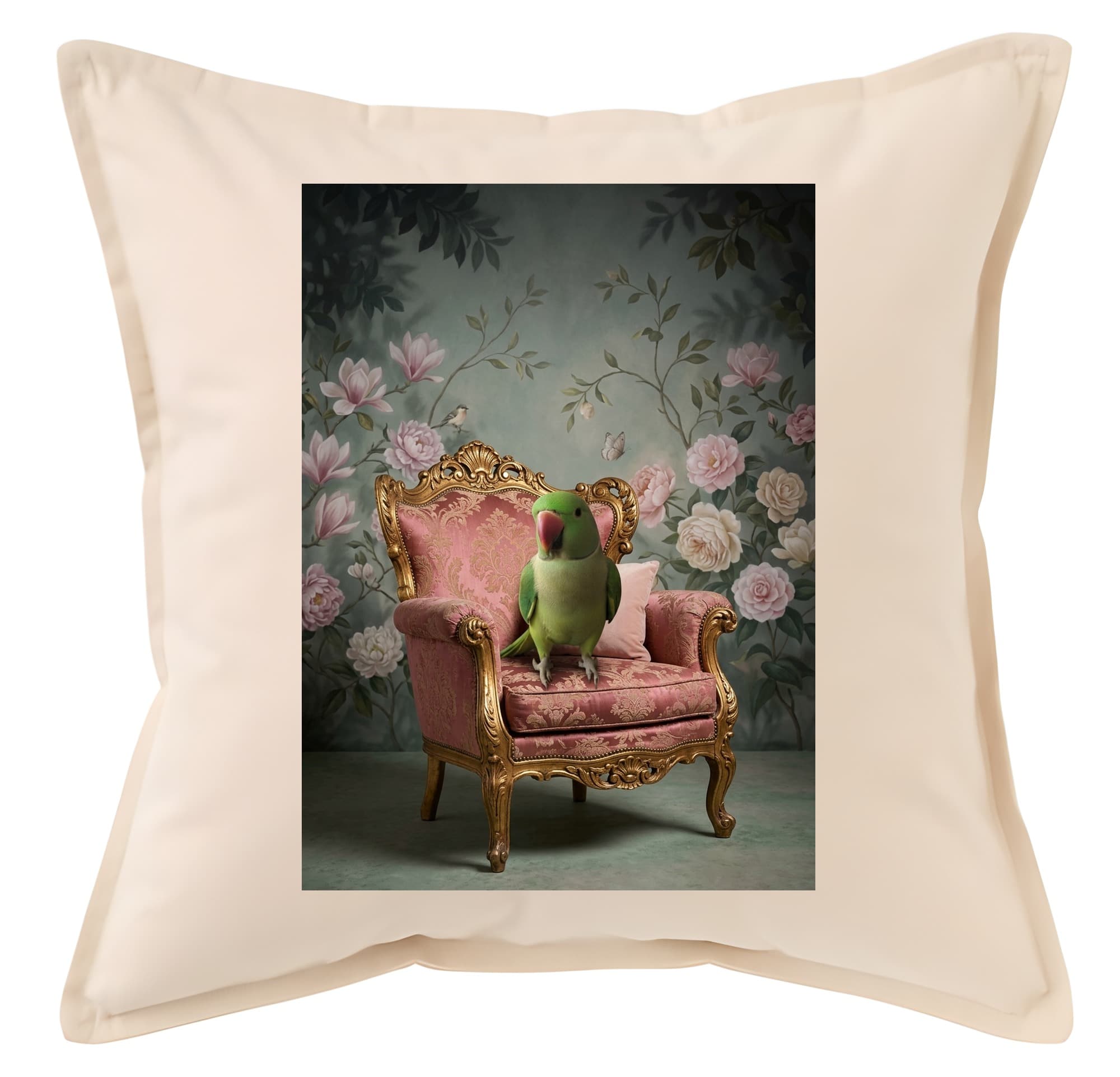 Alexandrine Parakeet Shabby Pink Oil-Painting Rococo Cushion